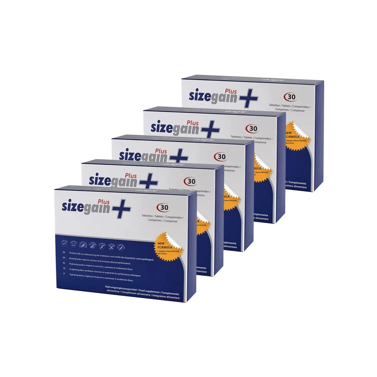 Amélioration de la virilité - 5 SizeGain Plus : Capsules pour augmenter le désir sexuel. 5 x 30 capsules.