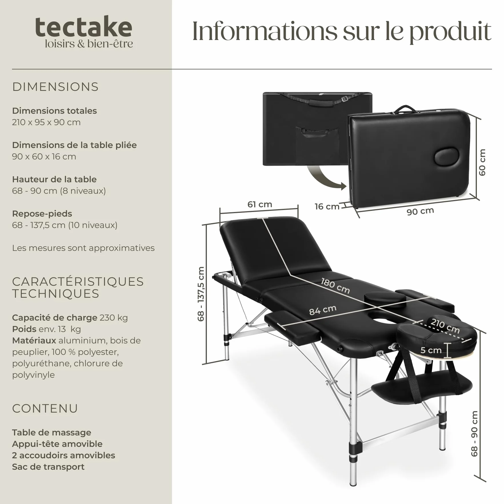 Tectake Table de Massage Pliante Professionnelle 3 Zones Aluminium Cosmetique Lit de Massage Tatouage Portable avec Repose Bras