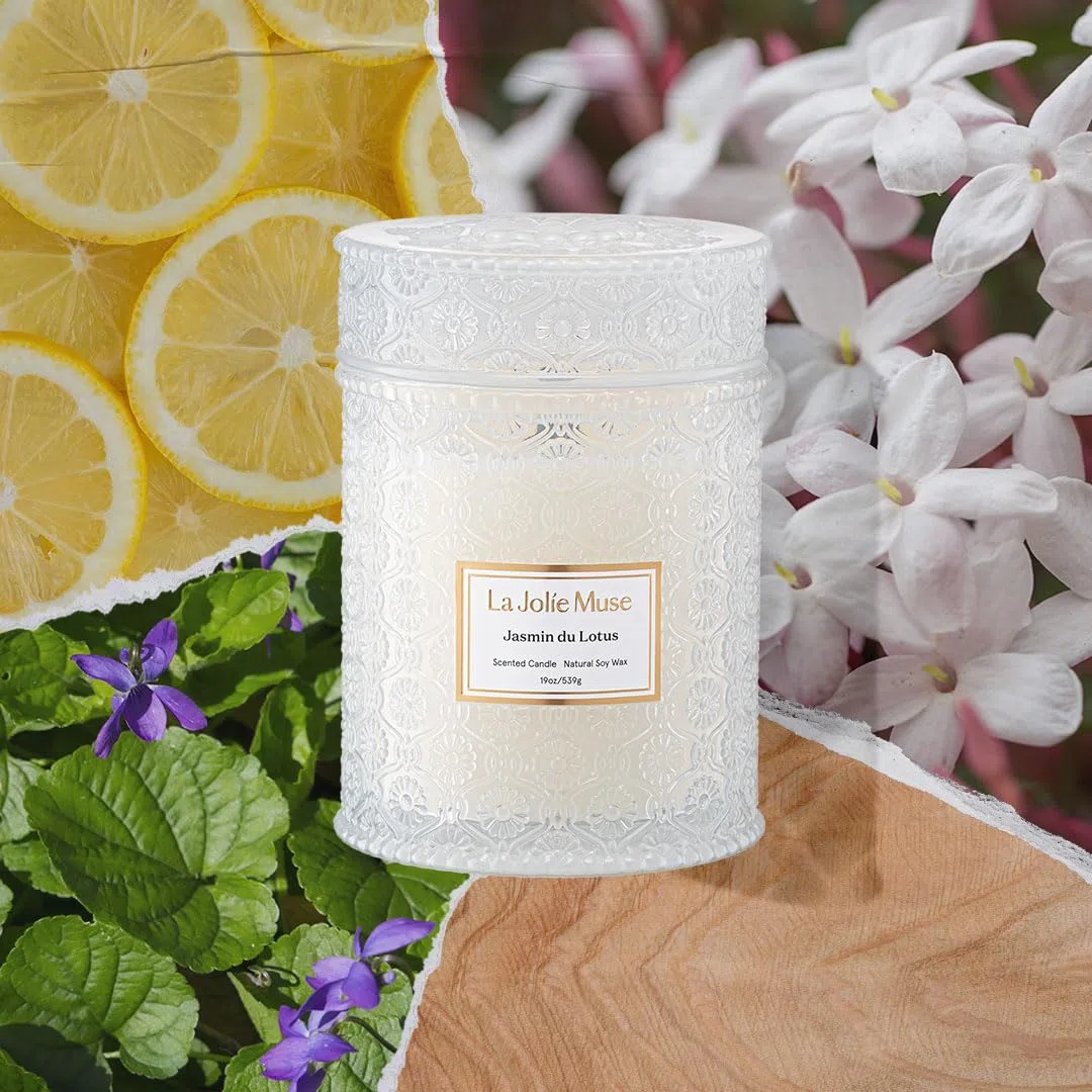 La Jolíe Muse Bougie parfumée au jasmin, bougie pour la fête des mères, bougie parfumée avec mèche en bois pour femmes et hommes, grande bougie en verre pour la maison, durée de combustion de 90