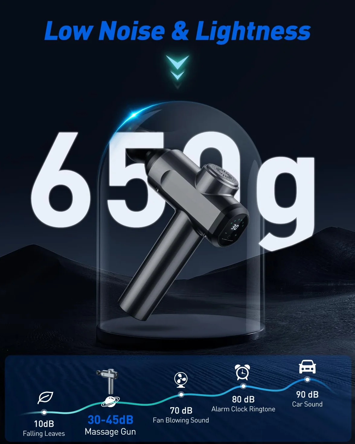 Pistolet de massage par percussion avec 6 têtes, réglable sur 30 vitesses