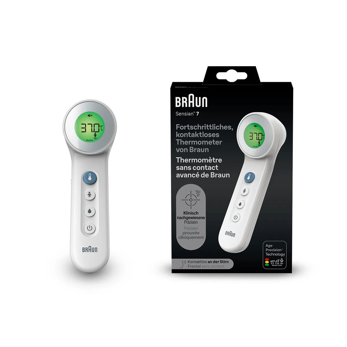 Braun Sensian 7 Thermomètre frontal sans contact | Technologie Age Precision | 3-en-1 |Écran numérique avec code couleur | Convient aux bébés et aux enfants | Marque #1 auprès des médecins(1) | BNT400