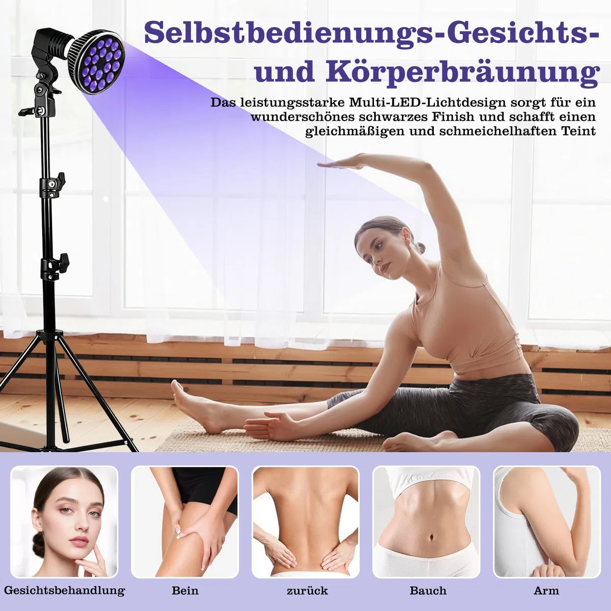 Lampe de bronzage portable pour visage et corps avec support réglable et crochets de suspension (Violet)