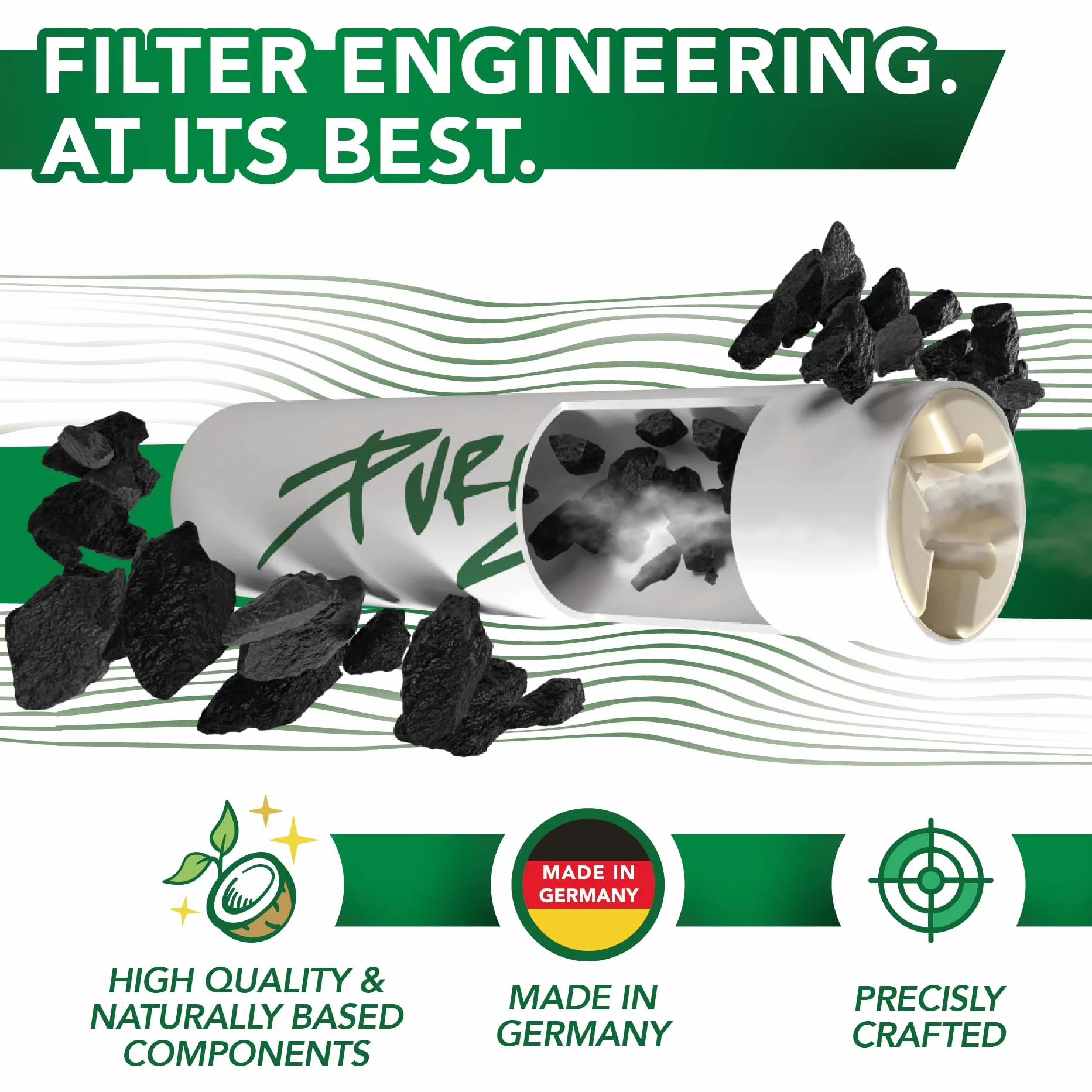 PURIZE Filtre à charbon actif taille régulière 100 unités Ø 9mm charbon actif noix de coco