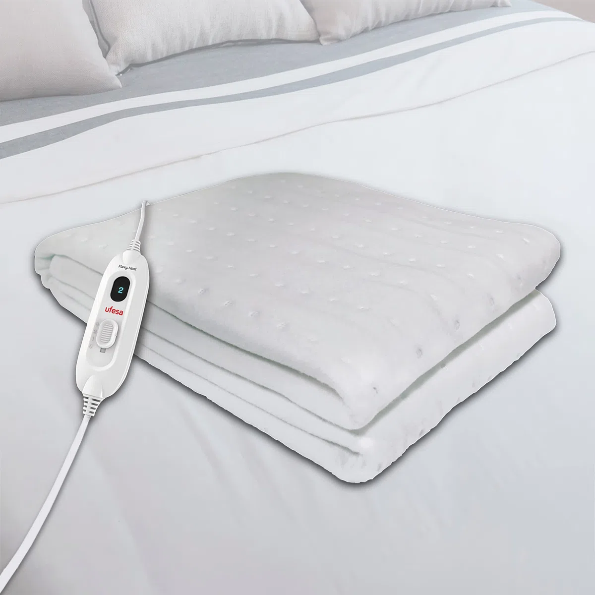 UFESA Flexy Heat CIE Surmatelas Chauffant Électrique 1 Place, 150x90cm, 60W, Réversible, 3 Niveaux de Temperature, Arrêt Automatique, Intérieur Impermeable, Couverture Textile Lavable, Blanc