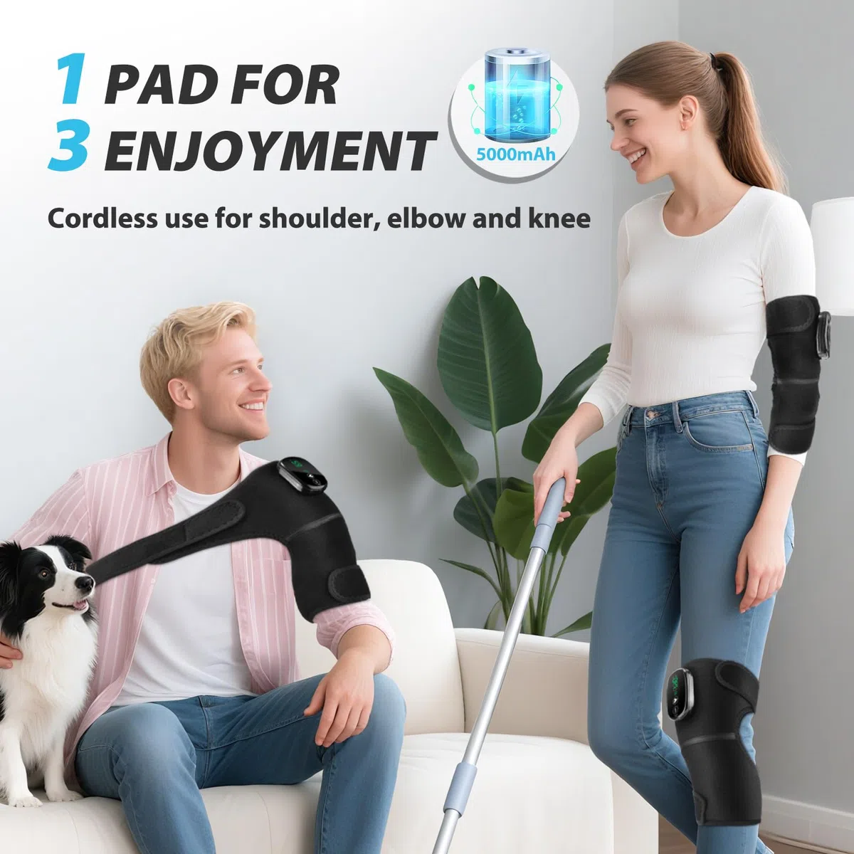 Genouillère Chauffante Sans Fil, Genou Chauffante avec Écran Tactile, Coussin Chauffant pour Épaule/Coude avec 5 Niveaux de Chauffage, 5 Modes de Vibration, 4 Moteurs Intégrés, Batterie 5000mAh