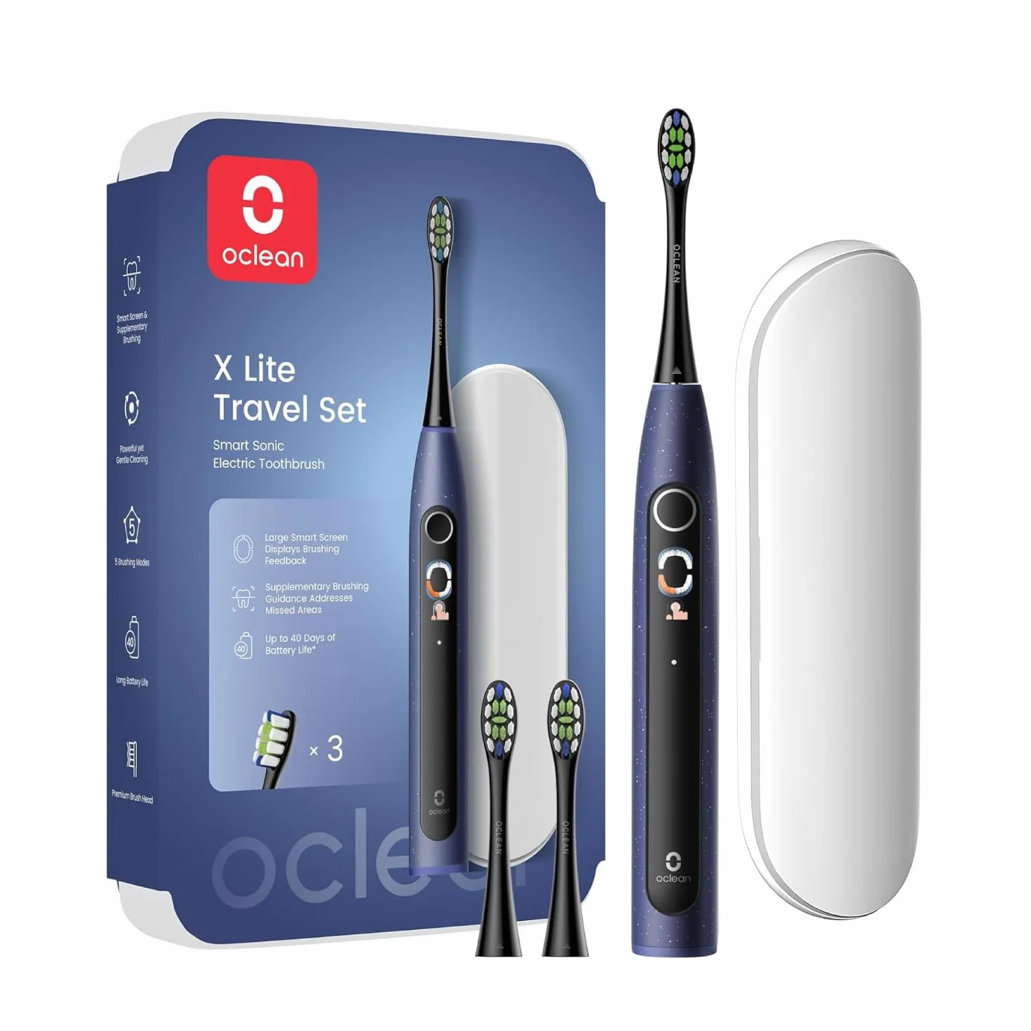 Oclean X Lite Brosse à Dents Électrique, 3 Brosettes, 5 Modes et Autonomie de 40 Jours, Brosse à Dents Électrique Sonique, Ideal pour Voyage, Étui de Voyage, Bleu Set