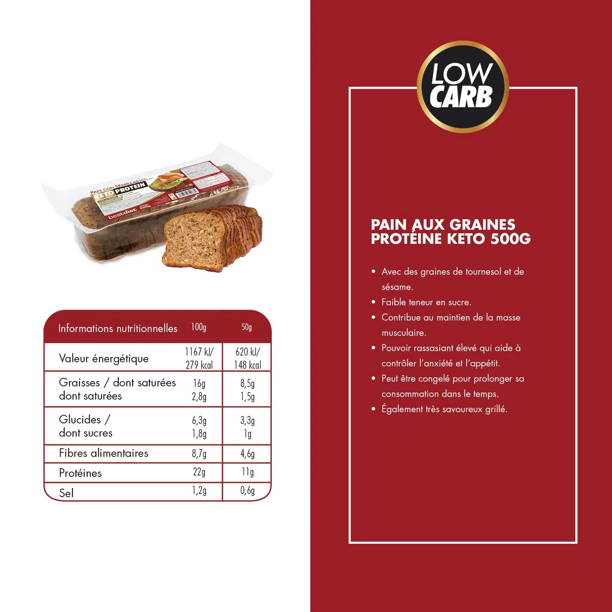 Pain Protéiné Céto Bestdiet - Sans Sucre, Riche en Fibres et Protéines, Lot de 3 x 500g