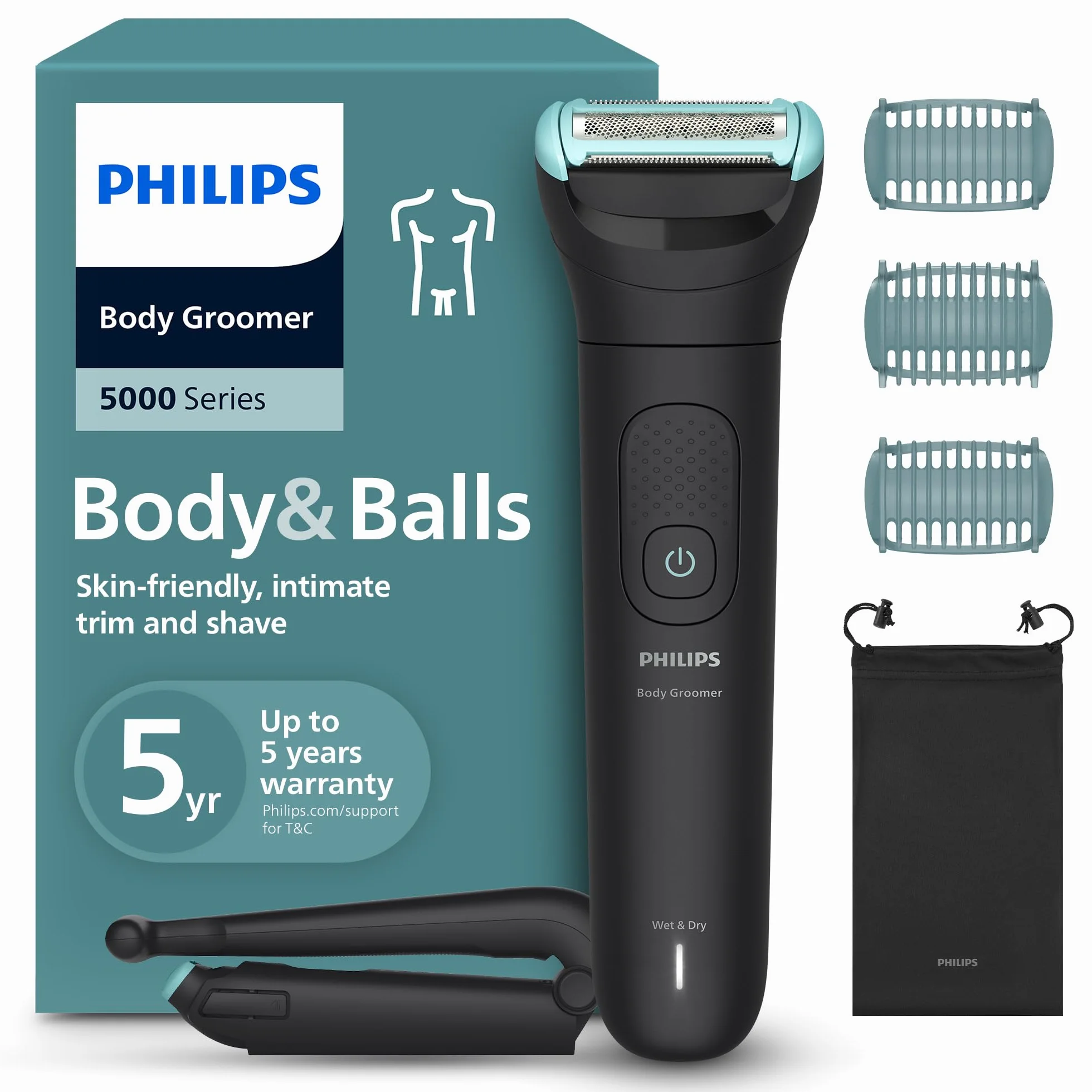 Philips Bodygroom série 5000 - Tondeuse pour hommes avec Triple protection, taille des poils et rasage des zones intimes, accessoire pliant pour le dos, 100% étanche, autonomie de 100 min, BG5480/15