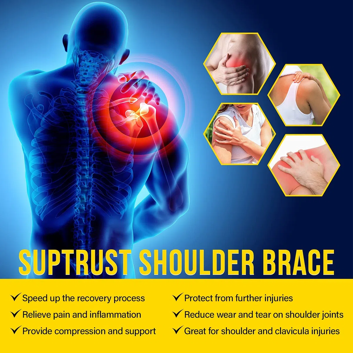 Suptrust Attelle d'épaule de récupération pour homme et femme, soutien de stabilité, ajustement réglable, soulagement des blessures à l'épaule et des tendinites, taille unique standard