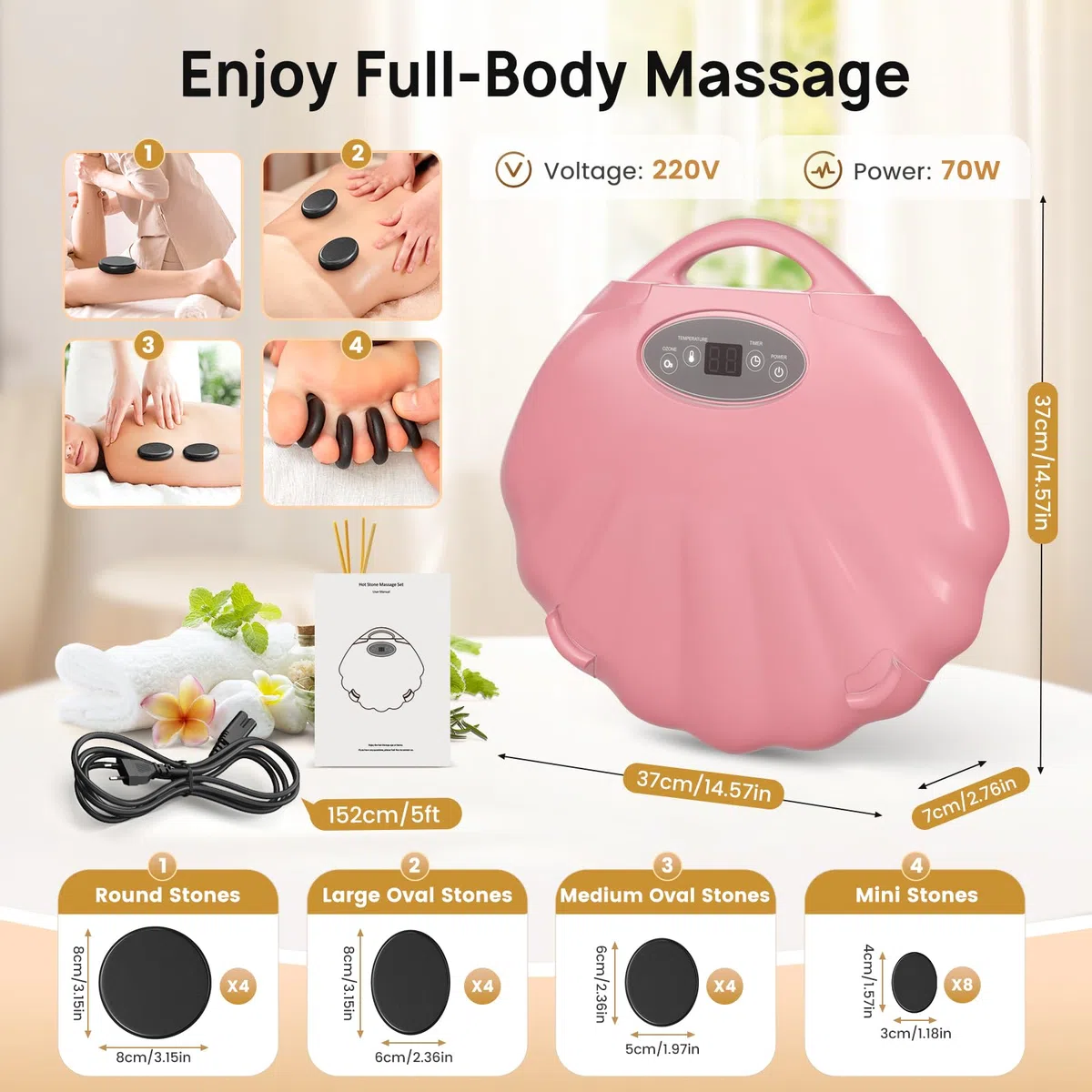 Hot-Stone Kit de massage en basalte avec étui chauffant portable, 3 niveaux de chaleur thérapeutique avec minuterie pour un usage domestique, massage, spa, détente (20)