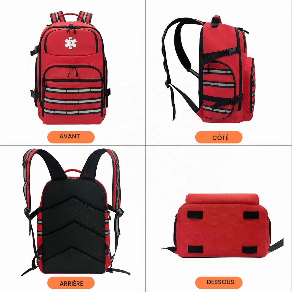 Sac à dos d'urgence médicale professionnel, Sac à dos de premiers secours trauma, vide, avec bandes réfléchissantes et base antidérapante, pour le camping, la randonnée (Rouge, Grand)