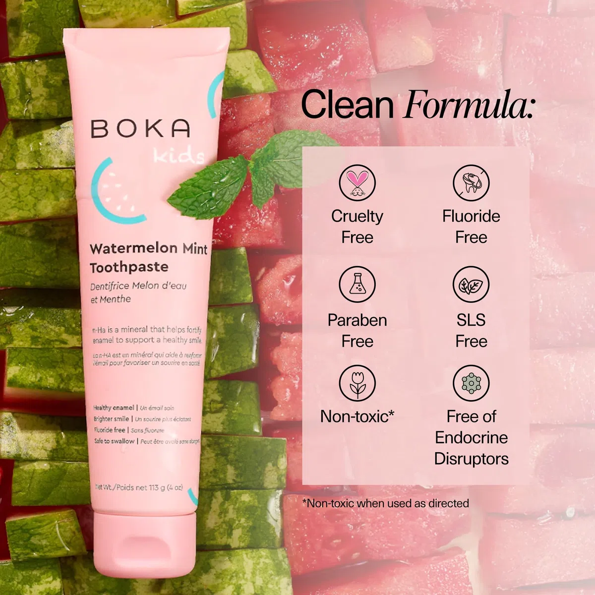 Boka Dentifrice sans fluorure Nano Hydroxyapatite – Saveur pastèque et menthe, 113,4 g
