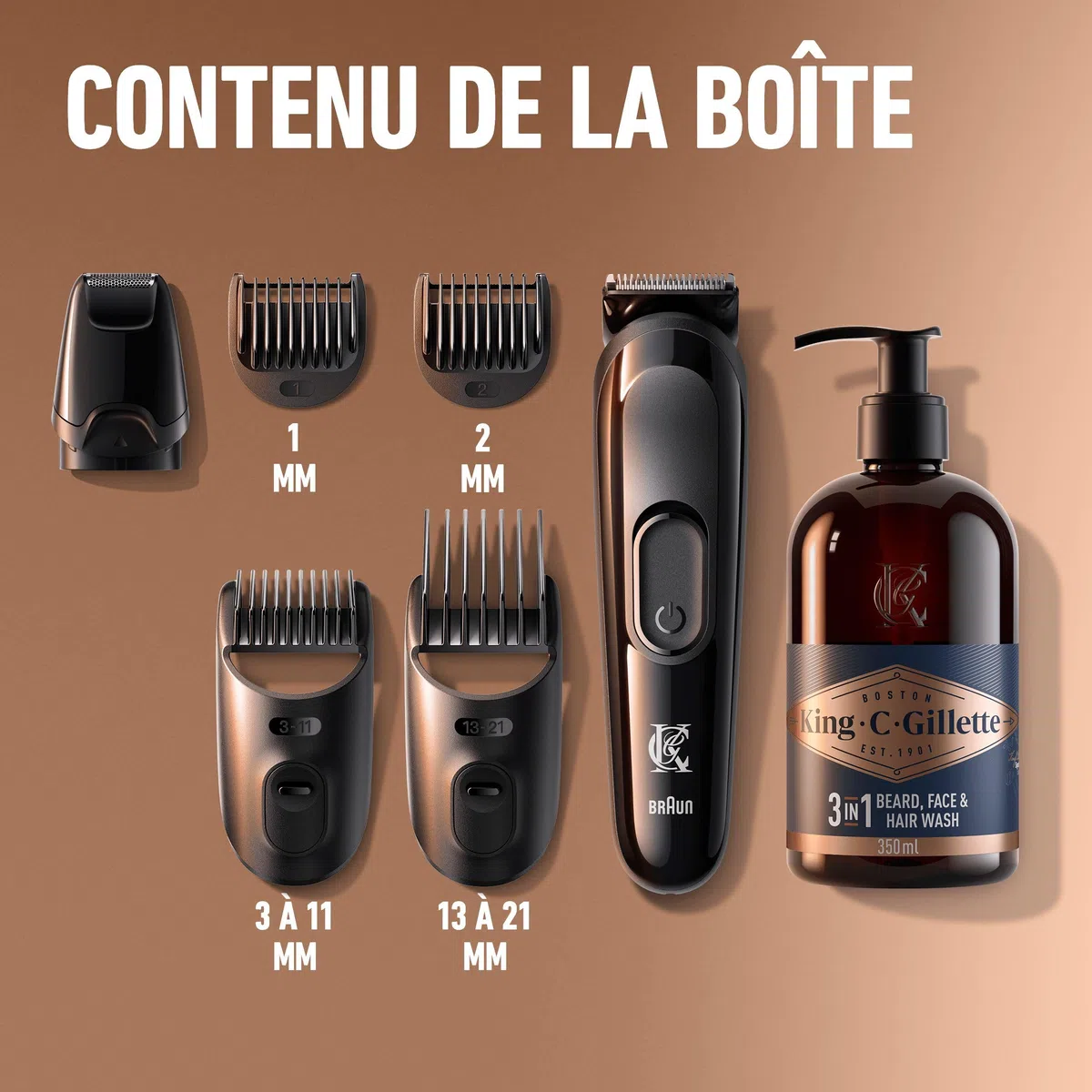 King C. Gillette Coffret Rasage Homme Tondeuse Barbe Électrique 4 Sabots Nettoyant 3-en-1