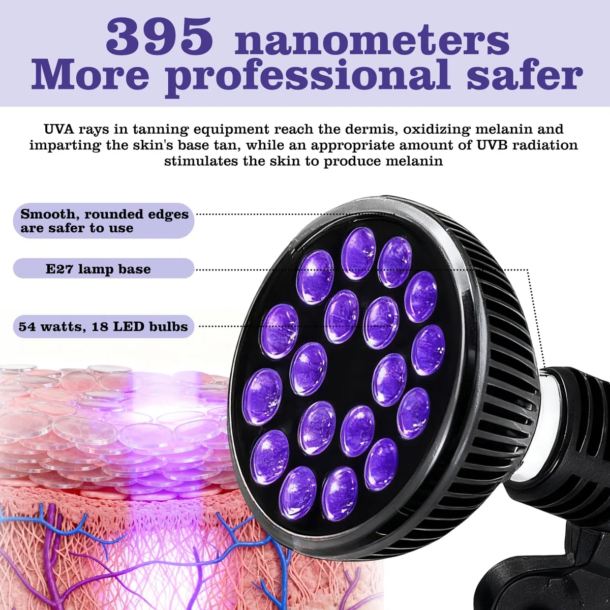 Lampe de bronzage portable pour visage et corps avec support réglable et crochets de suspension (Violet)