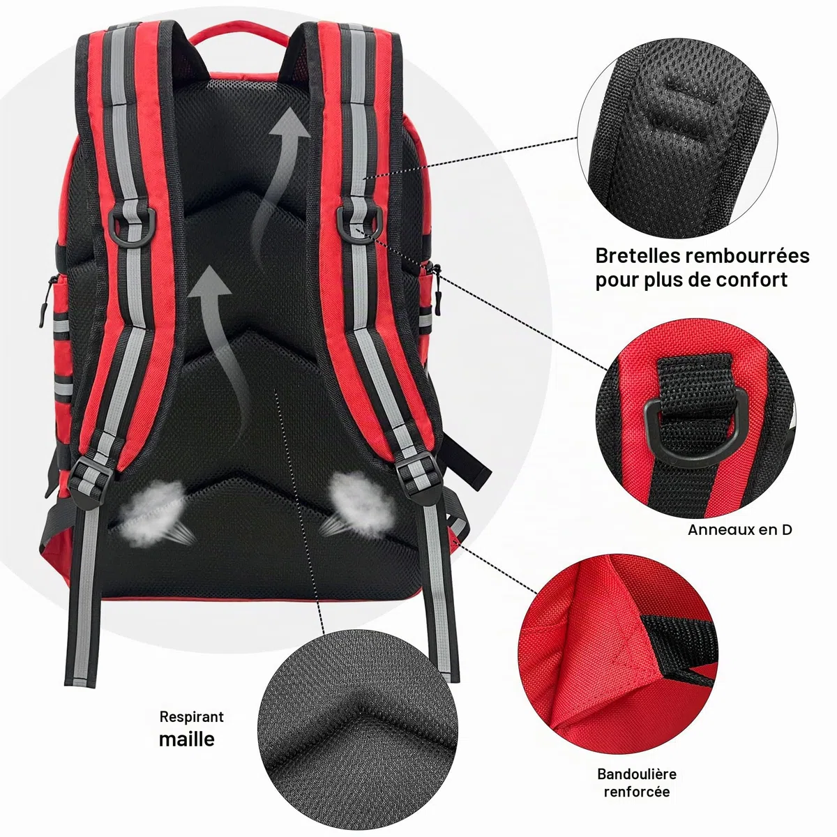 Sac à dos d'urgence médicale professionnel, Sac à dos de premiers secours trauma, vide, avec bandes réfléchissantes et base antidérapante, pour le camping, la randonnée (Rouge, Grand)