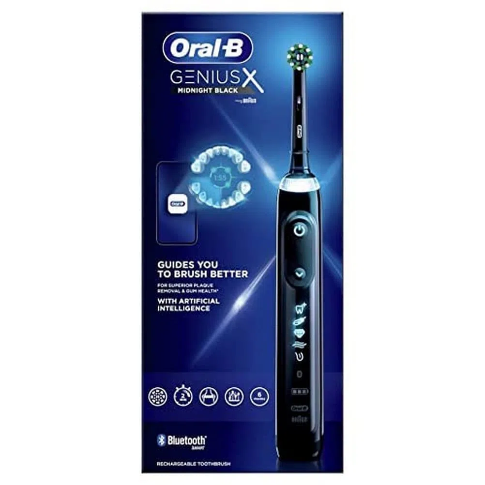 Oral-B Genius X Brosse à dents Electrique, 1 Manche Noir Rechargeable avec Intelligence Artificielle, 1 Tête de rechange, Cadeau Fêtes des Pères