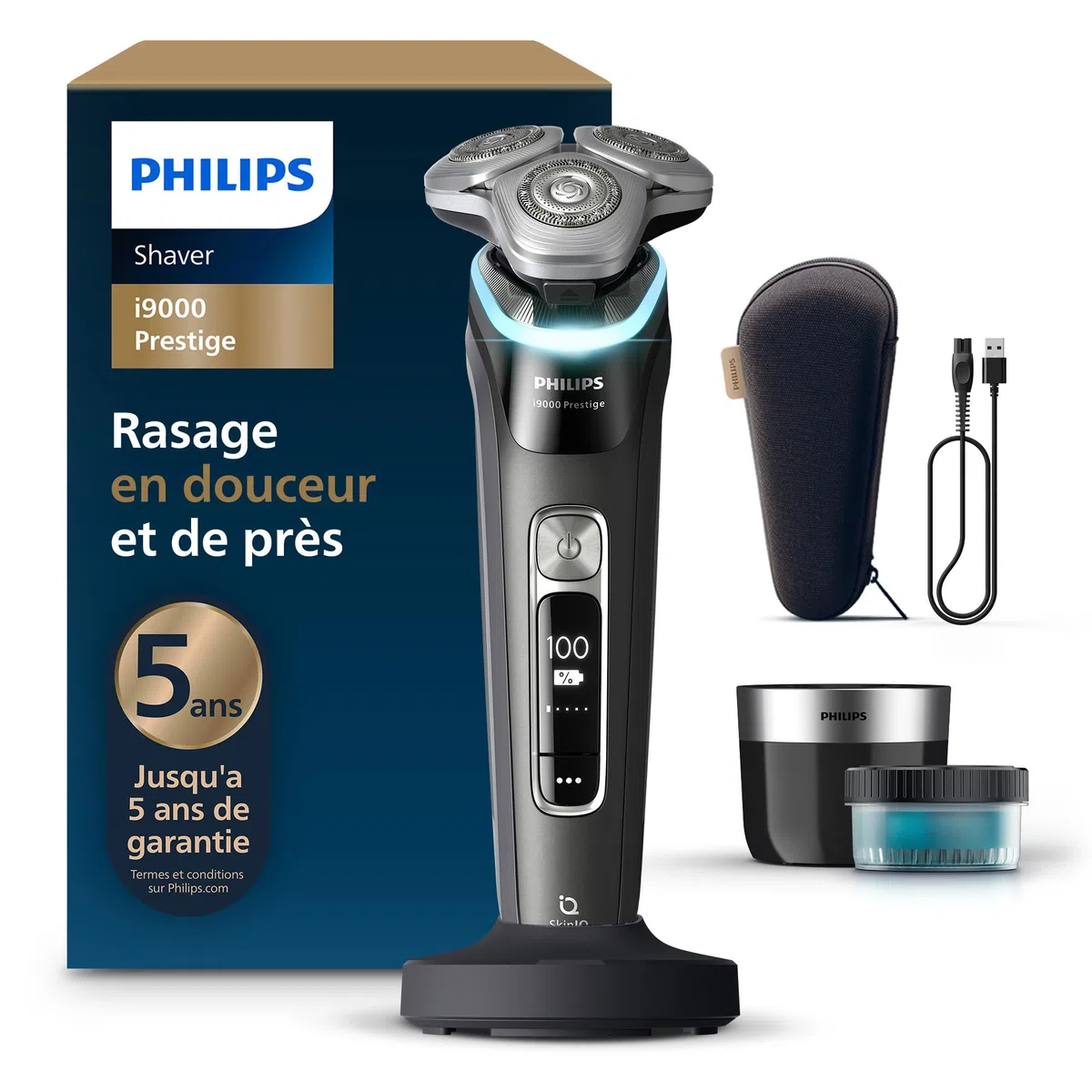 Philips Rasoir i9000 Prestige, Rasoir électrique sec et humide, Technologie Skin IQ, Système Triple Lift & Cut, Lames Dual SteelPrecision rotatives 360°, Pod nettoyage rapide