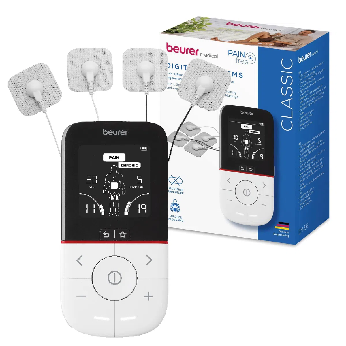 Beurer EM 56 TENS EMS Électrostimulateur musculaire 3 en 1 22 programmes 4 électrodes