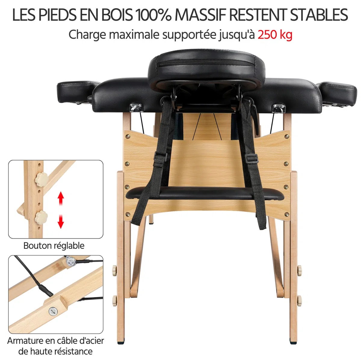 Yaheetech Table de Massage Pliante 70 cm Lit de Massage Professionnel en 2 Sections en Bois Massif Table Canapé Cosmetique Thérapie Noir