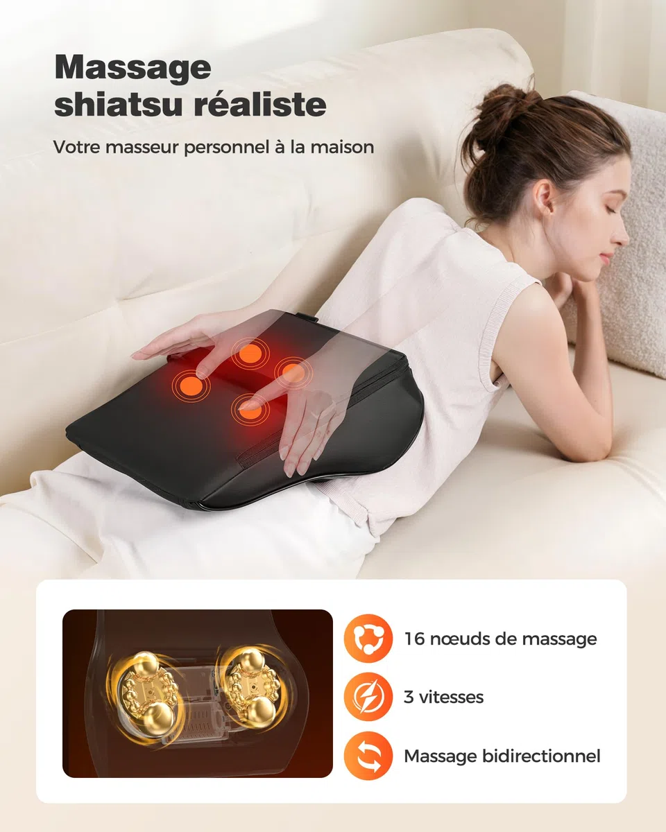 Boriwat Masseur Dos et Cervicales, Massage Shiatsu 16 Nœuds, Chaleur 2 Zones 38-59°C, 38 cm