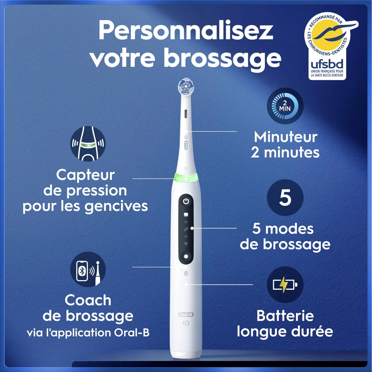 Oral-B Brosse à Dents Electrique iO 5 avec Brossette de Rechange, Blanche – 5 Modes de Brossage dont Douceur et Blancheur, Capteur de Pression sur les Gencives et d’Usure, Batterie Rechargeable, Etui