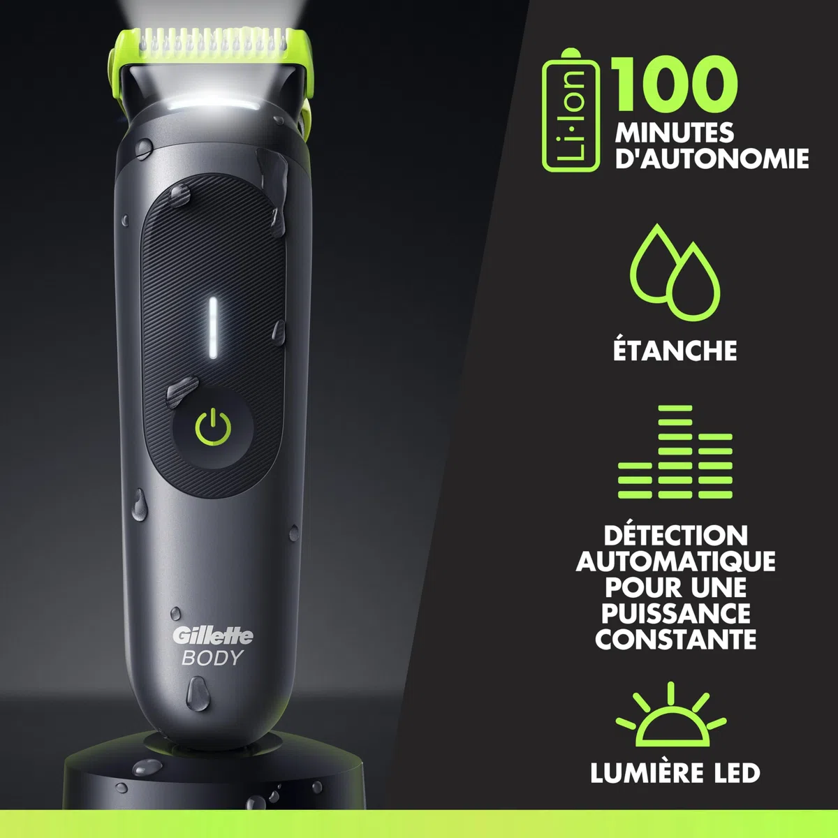 Gillette Labs Body + Intimate Tondeuse Homme i7, Tondeuse Corps et Zone Intime, Étanche, Dotée de la Technologie SkinFirst et de la Lumière LED pour Visibilité, 3 Sabots, Batterie Rechargeable Incluse
