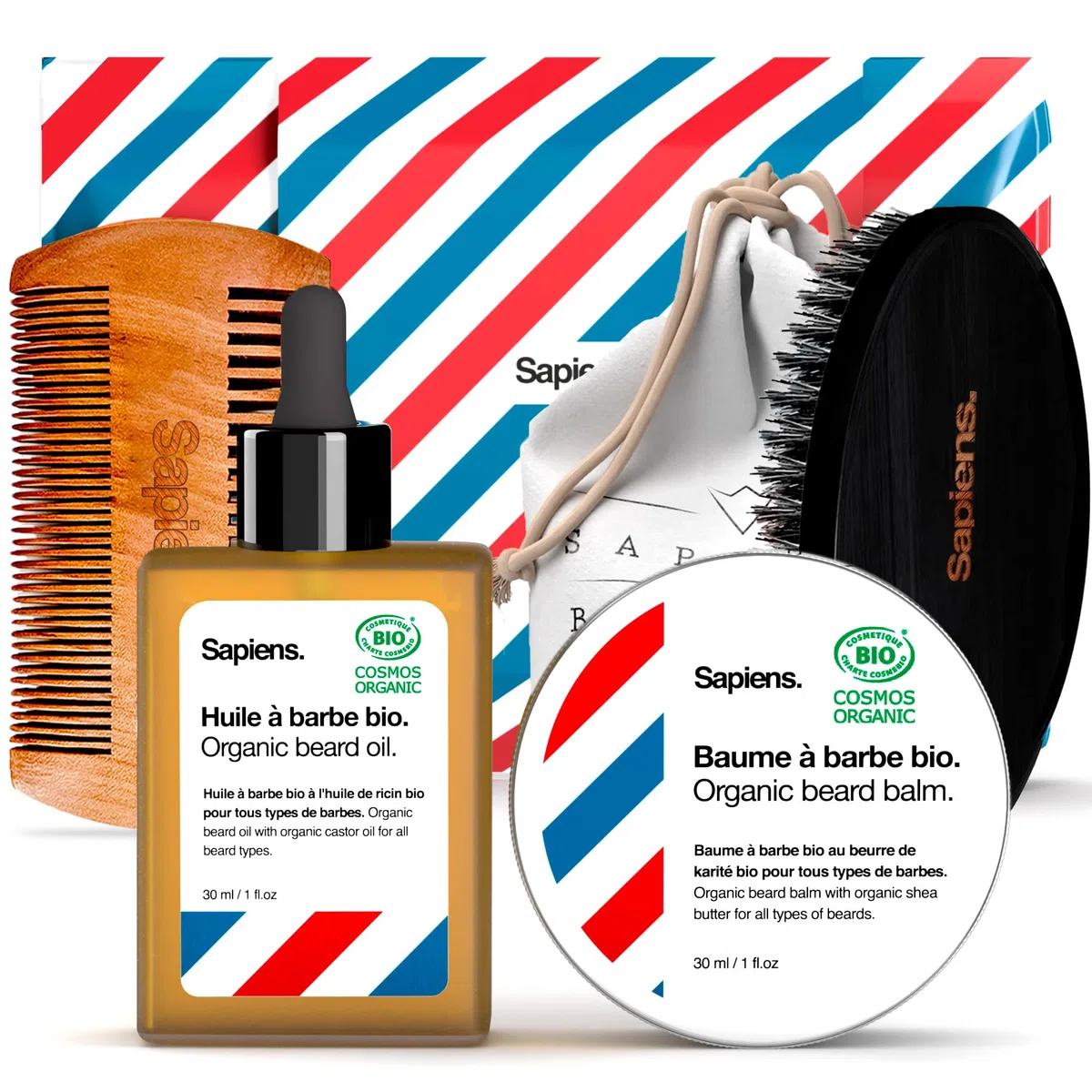 Sapiens Kit Soin Barbe Homme Coffret Huile Barbe Baume Barbe BIO Fabriqués en France Brosse Peigne Pochette Cadeau