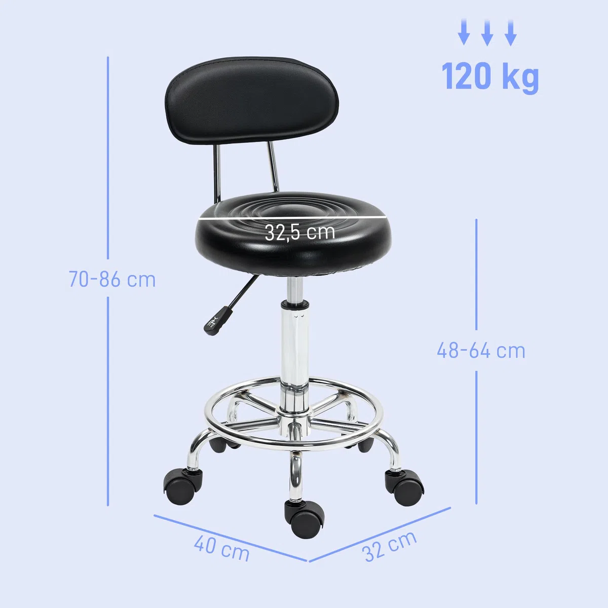 HOMCOM Tabouret à roulettes avec hauteur ajustable 70-86 cm, tabouret de massage pivotant avec dossier et repose-pieds, chaise de travail à roulettes pour salon de massage, tatouage, clinique, noir