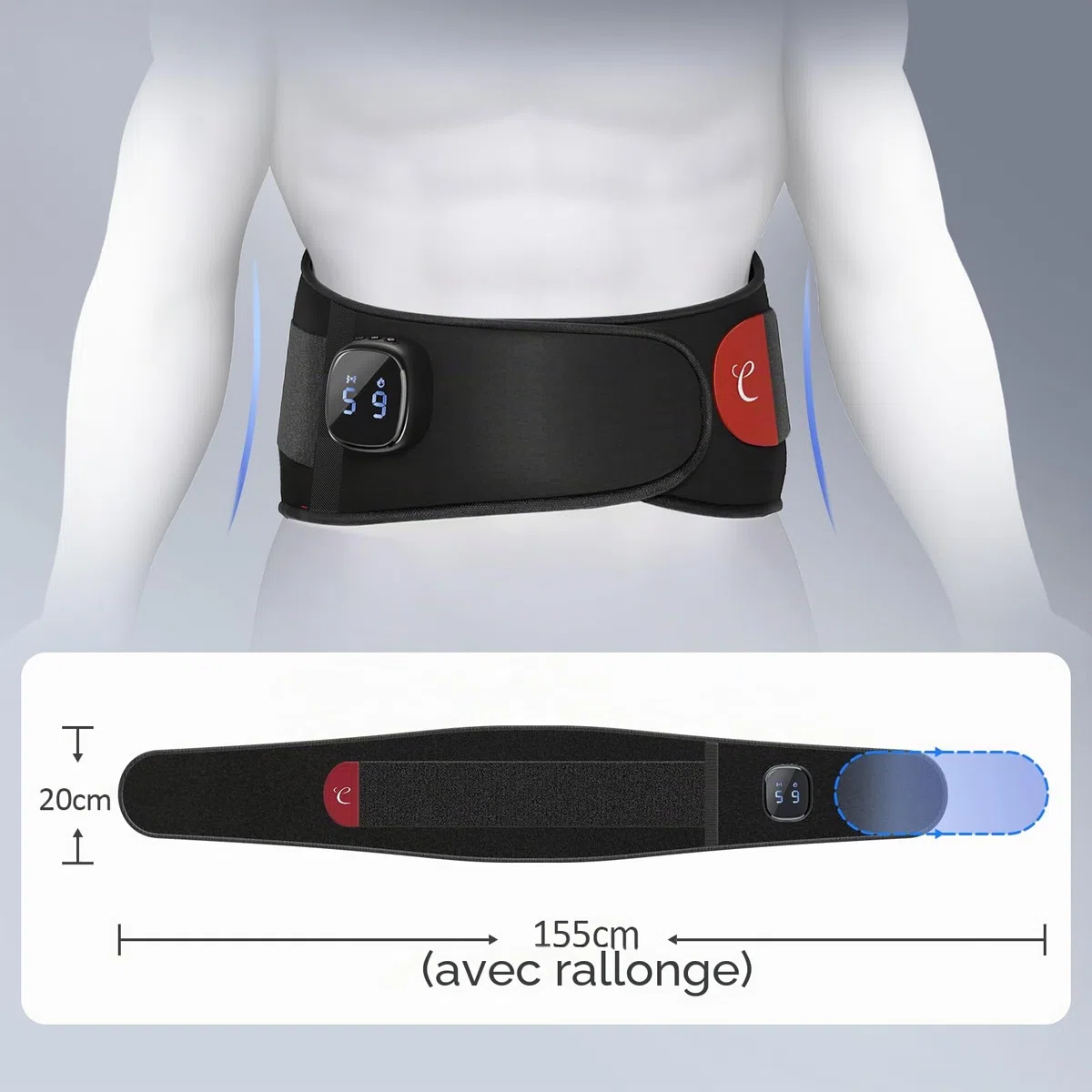 Comfytemp Ceinture chauffante pour le dos avec batterie 15 Wh avec USB, 9 niveaux de chaleur, 5 modes de vibration contrôle par simple pression d'un bouton et d'une application, ceinture