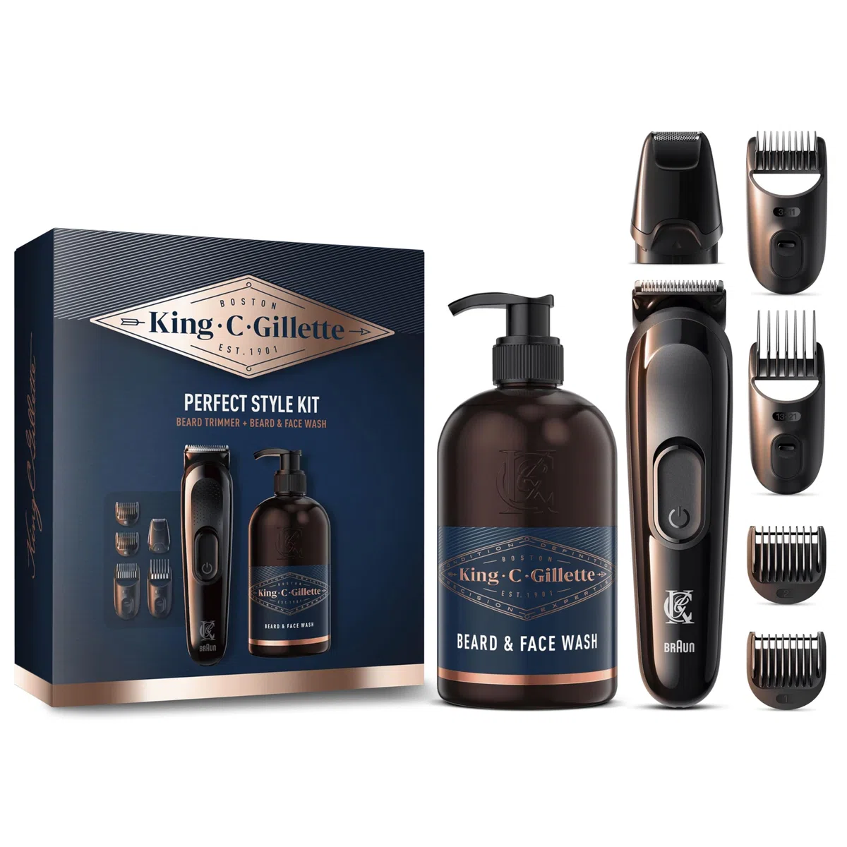 King C. Gillette Coffret Rasage Homme Tondeuse Barbe Électrique 4 Sabots Nettoyant 3-en-1