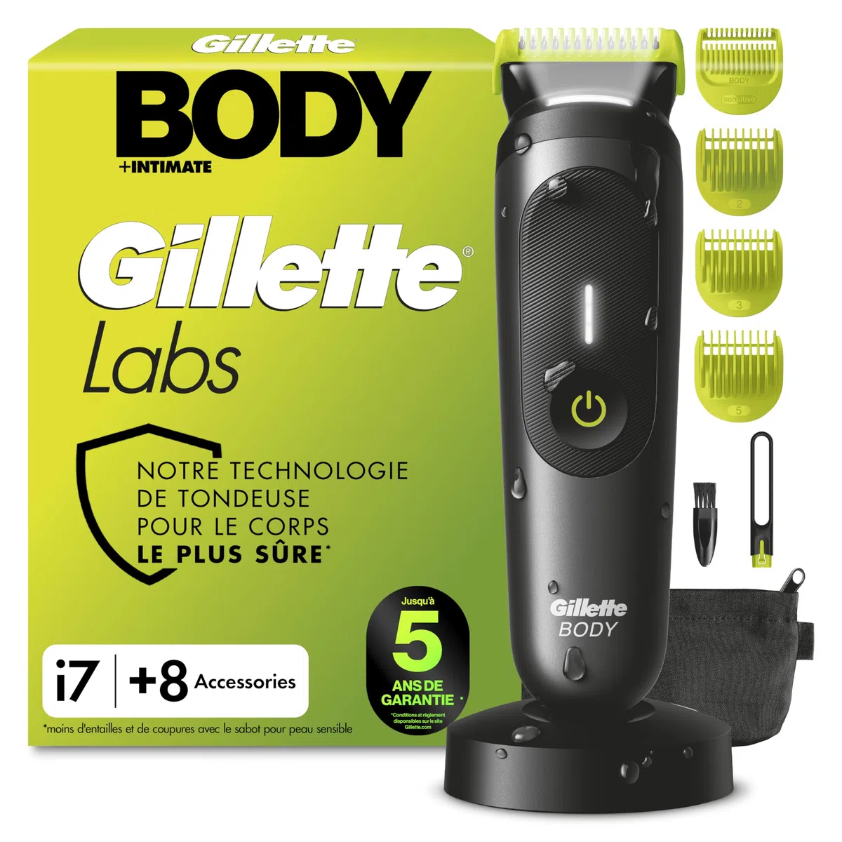 Gillette Labs Body + Intimate Tondeuse Homme i7, Tondeuse Corps et Zone Intime, Étanche, Dotée de la Technologie SkinFirst et de la Lumière LED pour Visibilité, 3 Sabots, Batterie Rechargeable Incluse