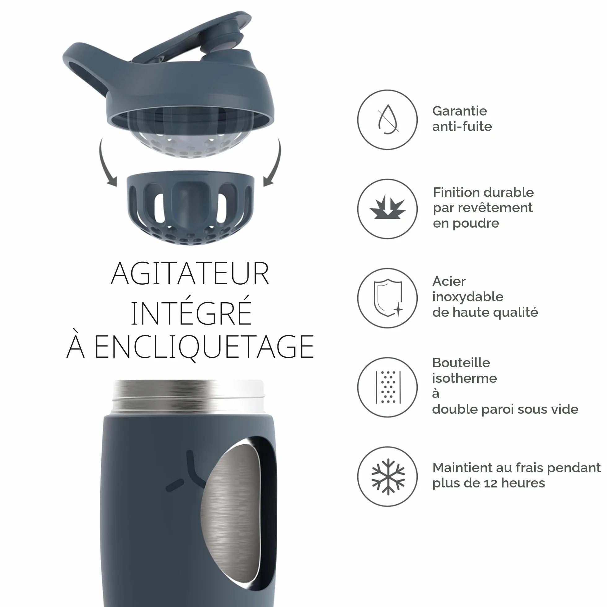 Promixx PURSUIT shaker à protéines bouteille de mélange isolée en acier inoxydable 550ml Gris Graphite