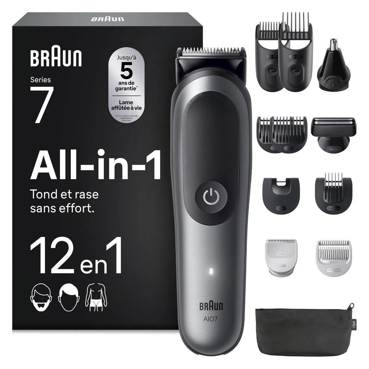 Braun Tondeuse Electrique Homme, Tout-en-Un Series 7 AIO7545 12-en-1, Grise | Etanche, Batterie Rechargeable, Lame ProBlade, sans Fil, Coffret avec 7 Sabots, 3 Accessoires, Emballage en Carton
