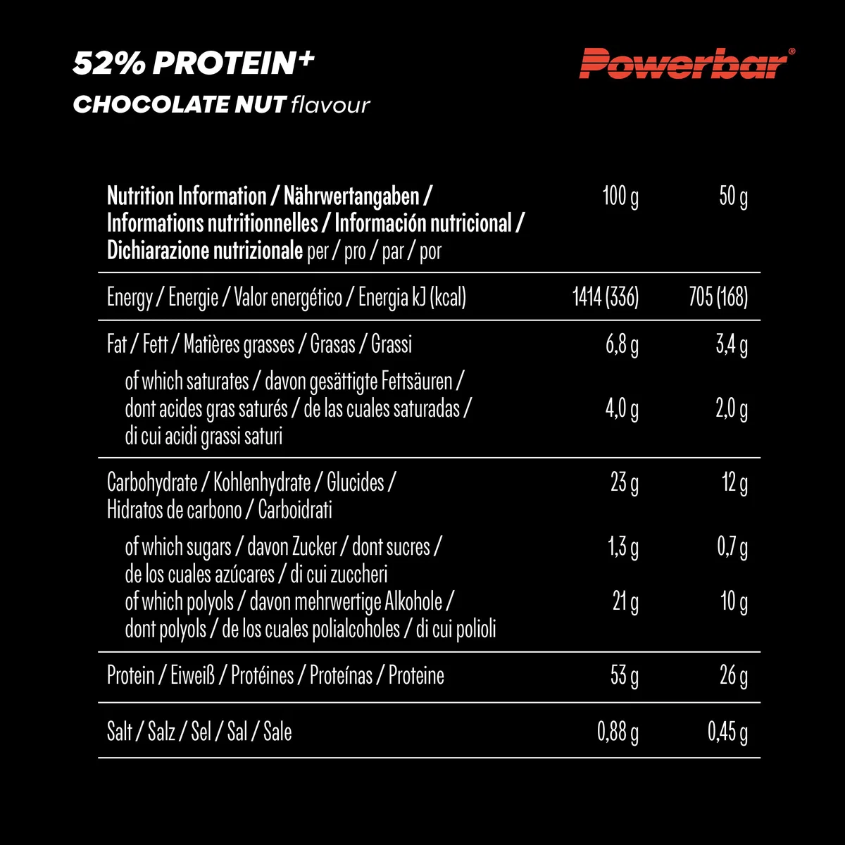 PowerBar 52% ProteinPlus Pack de 20 Barres Low Sugar Chocolate Nut 50 g