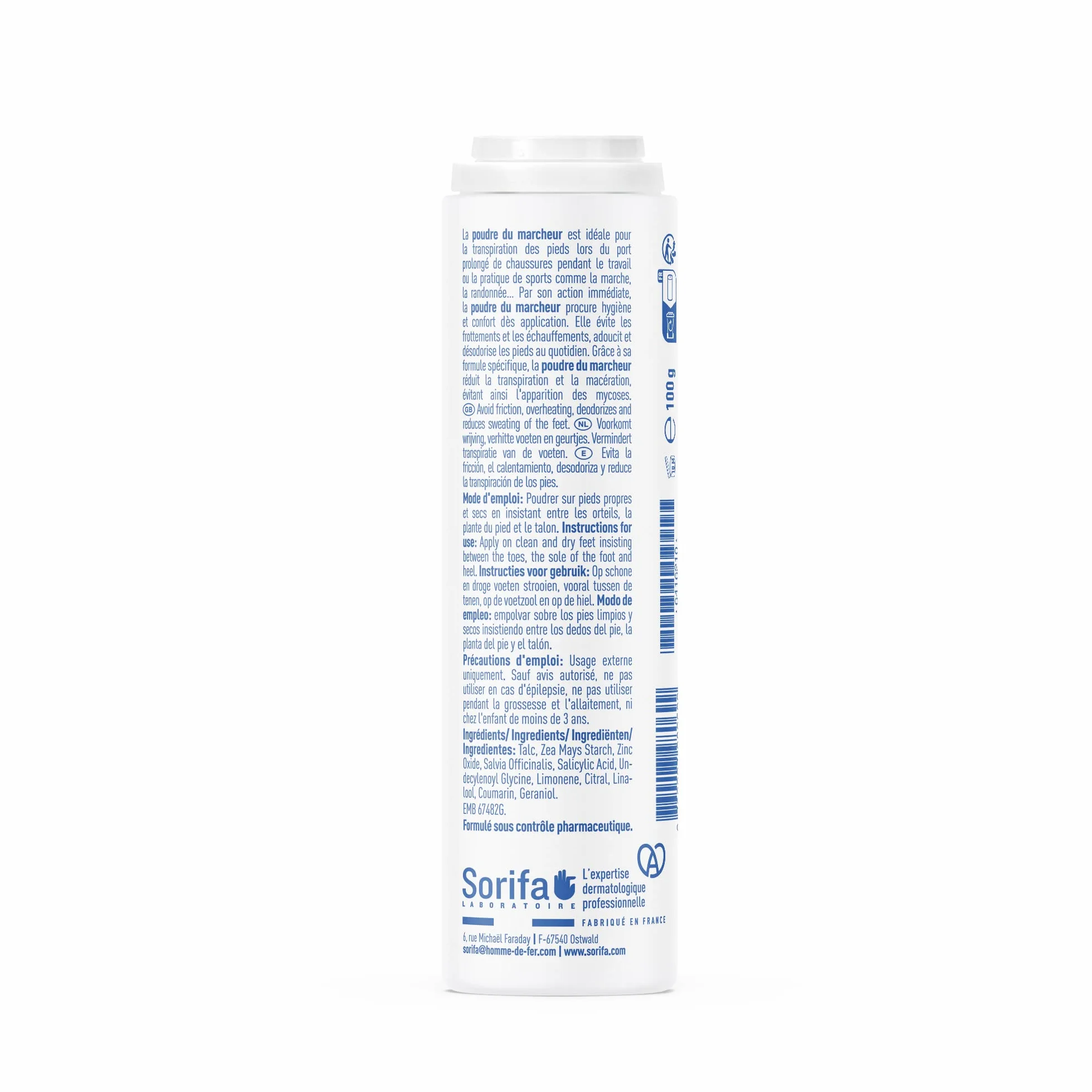 Lot de 3 - Poudre du Marcheur - Anti-transpirante - Absorbante - Pieds – Réduit la transpiration - Elimine odeurs et mycoses - Sans sels d’aluminium - Fabriqué en France - Poudreuse 100 gr