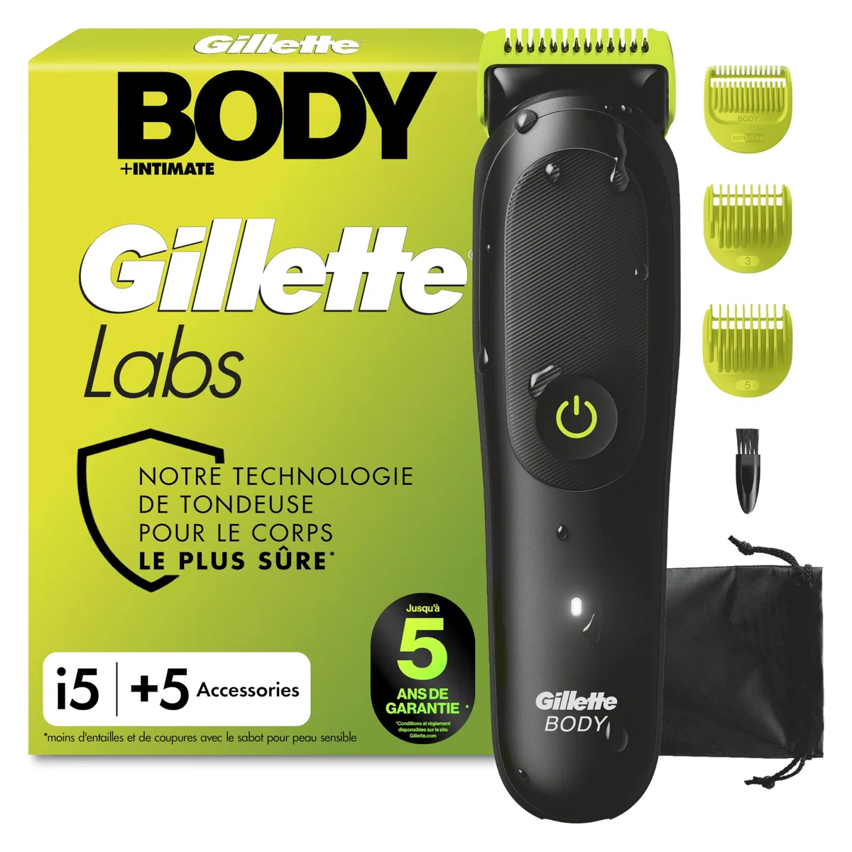 Gillette Labs Body Plus Intimate Tondeuse Homme i5, Tondeuse Corps et Zone Intime, Étanche, Coffret Homme avec 3 Sabots dont un pour Peau Sensible, Technologie Autosense, Batterie Rechargeable Incluse