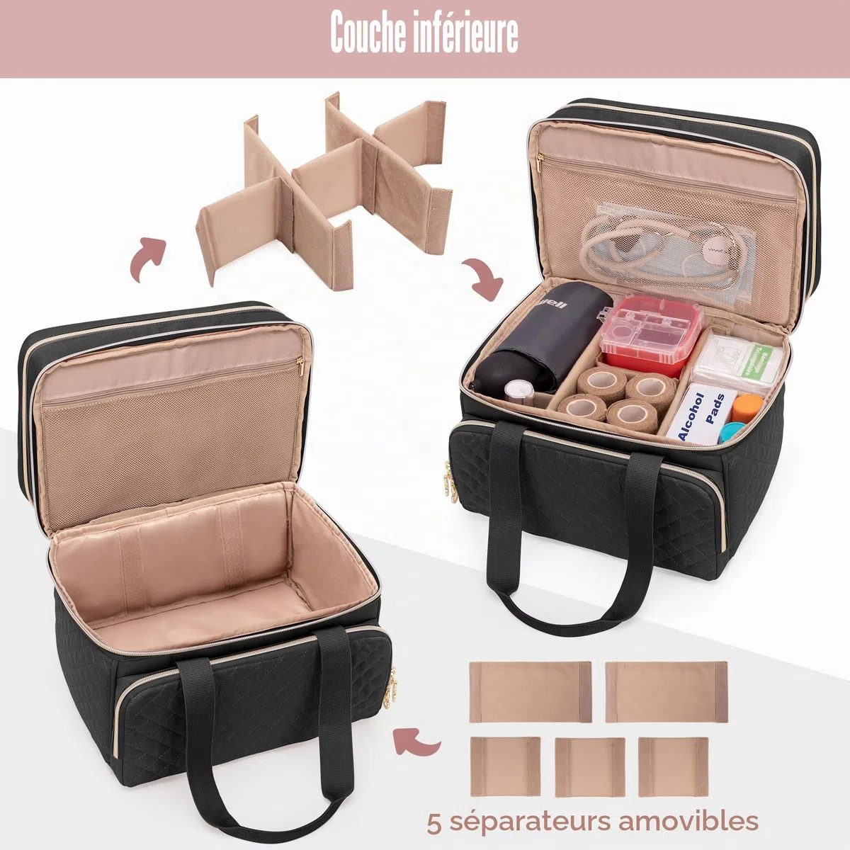 Yarwo Mallette Infirmière Libérale à Double Couche, Trousse de Secours avec Rangement pour Médicaments, Sac Médical Noir
