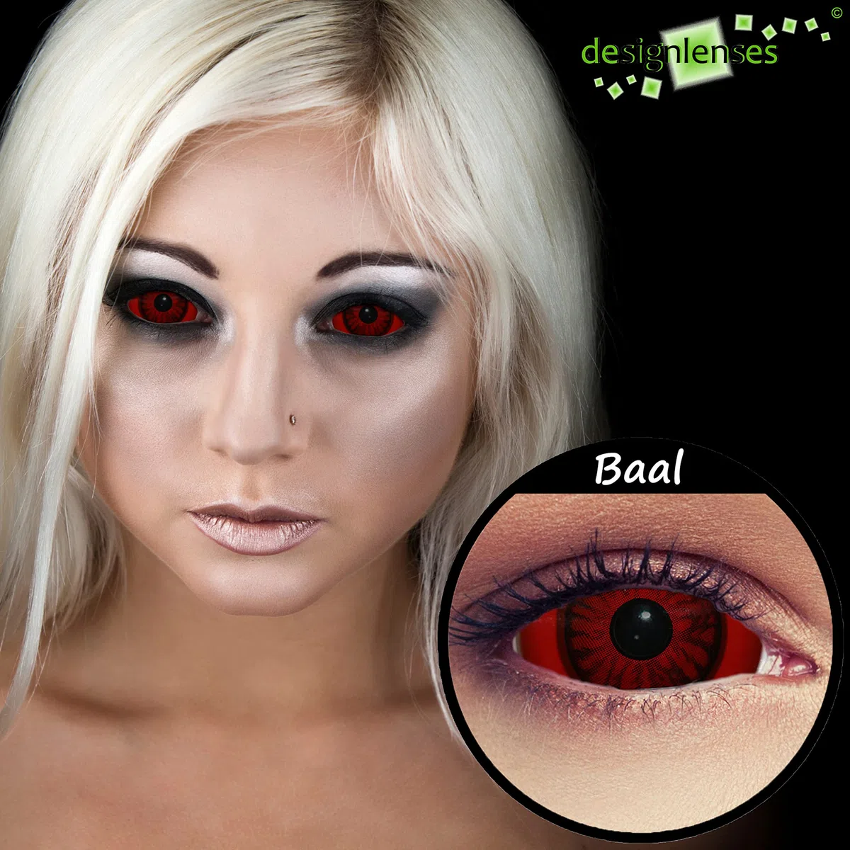 lentilles couleur full sclera rouge pour halloween costume de demonio, diamètre 22mm, 1 paire (2 pcs), sans correction + étui à lentilles "Baal"
