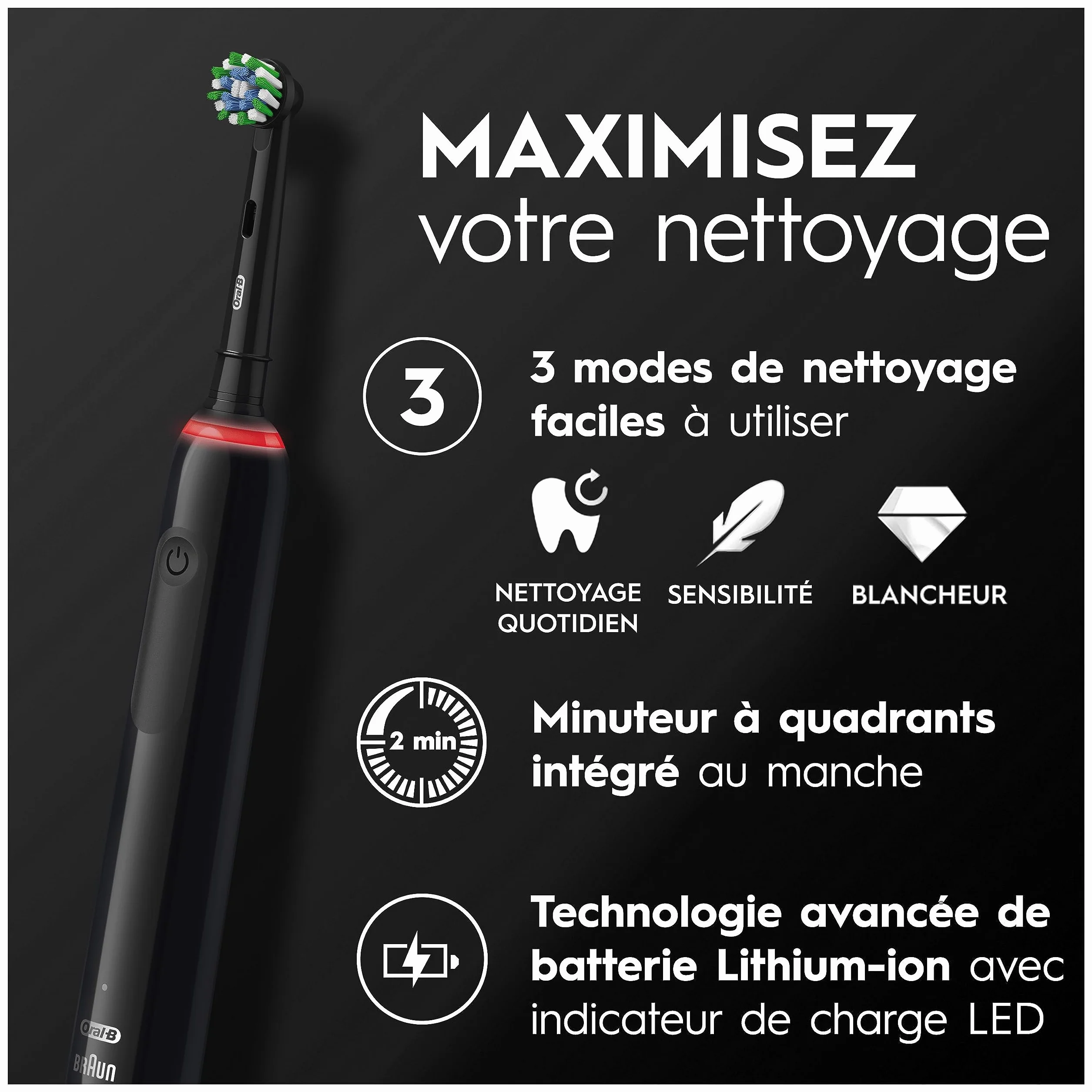 Oral-B Pro 3 Brosse À Dents Électrique Noire, Capteur De Pression, 3 Brossettes De Rechange, Chargeur