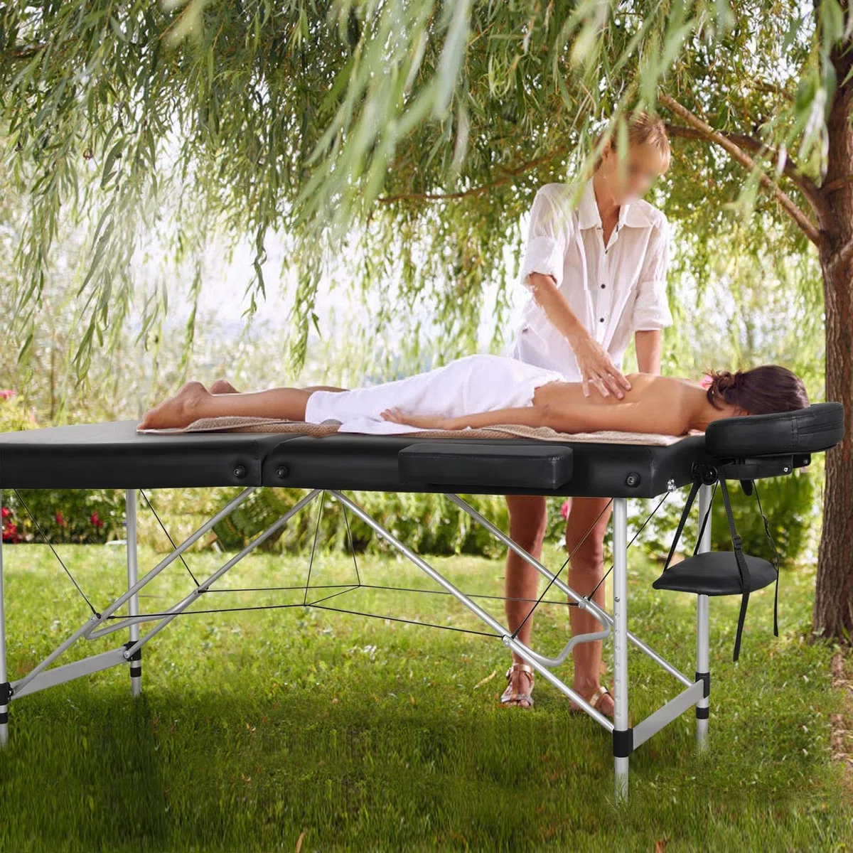 Yaheetech Table de Massage Pliante 2 Section 70 x 213 cm Lit de Massage Professionnelle Portable Aluminium Housse de Transport pour Thérapie Salon Massage