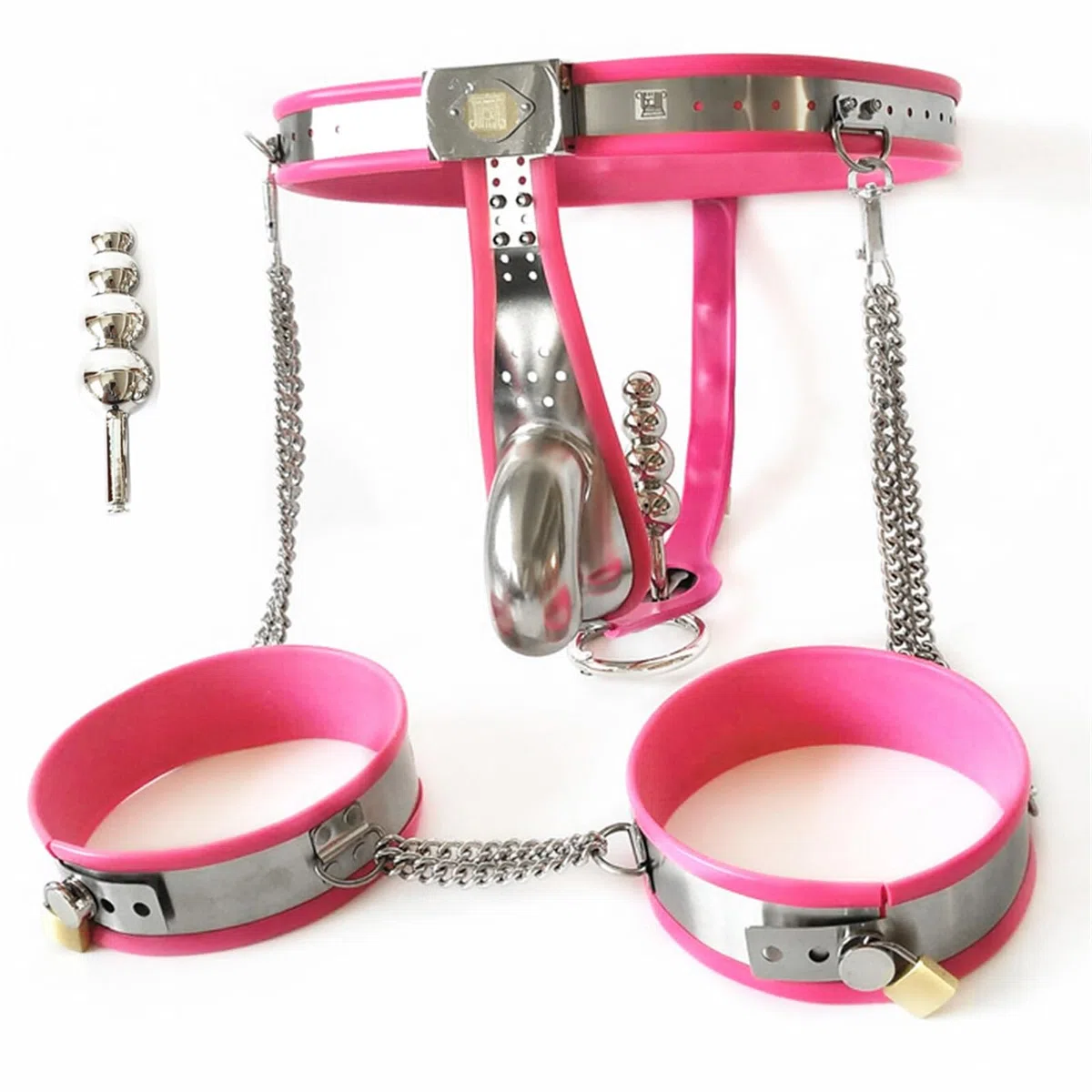 Ceinture de chasteté BDSM for hommes avec plug anal, colliers de bondage for les jambes, cage à pénis en acier inoxydable BDSM, dispositif de chasteté for hommes et couples(90cm-100cm)
