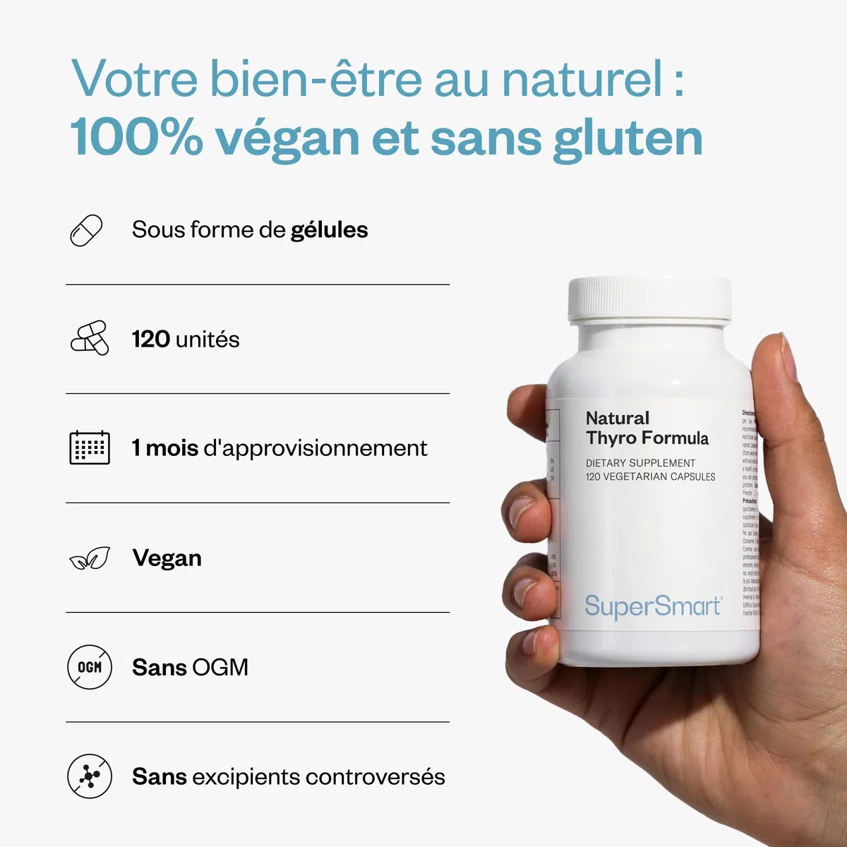 Natural Thyro Formula - Complément alimentaire pour la Thyroïde - Iode, Sélénium, Zinc et Vitamines - Formule à base de nutriments essentiels - SuperSmart