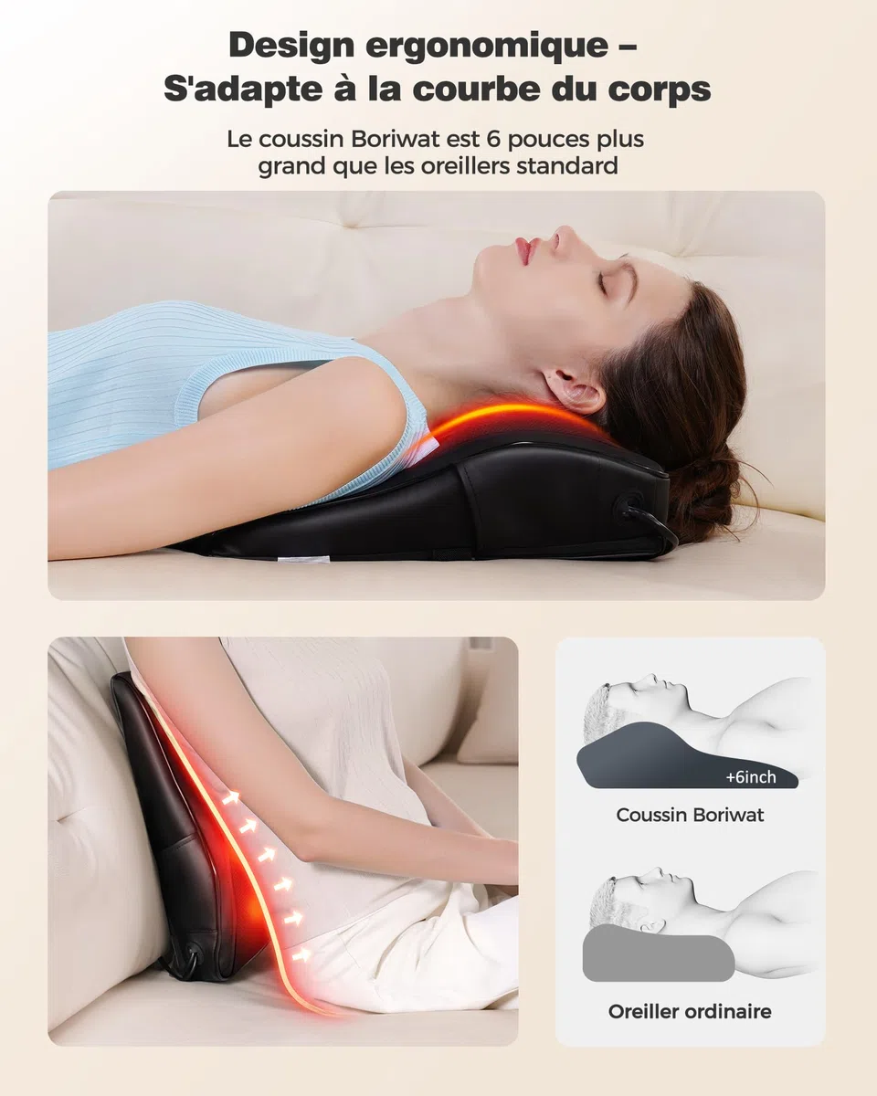 Boriwat Masseur Dos et Cervicales, Massage Shiatsu 16 Nœuds, Chaleur 2 Zones 38-59°C, 38 cm