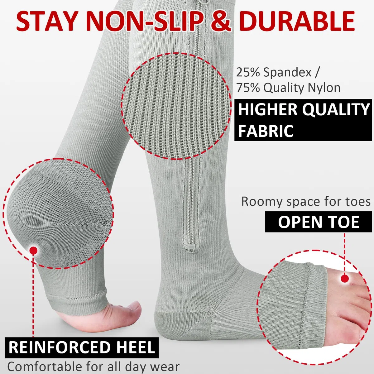 Ailaka Lot de 3 paires de chaussettes de compression avec fermeture éclair - 15-20 mmHg - Chaussettes médicales pour hommes et femmes - Chaussettes à orteils ouverts pour varices, œdèmes,