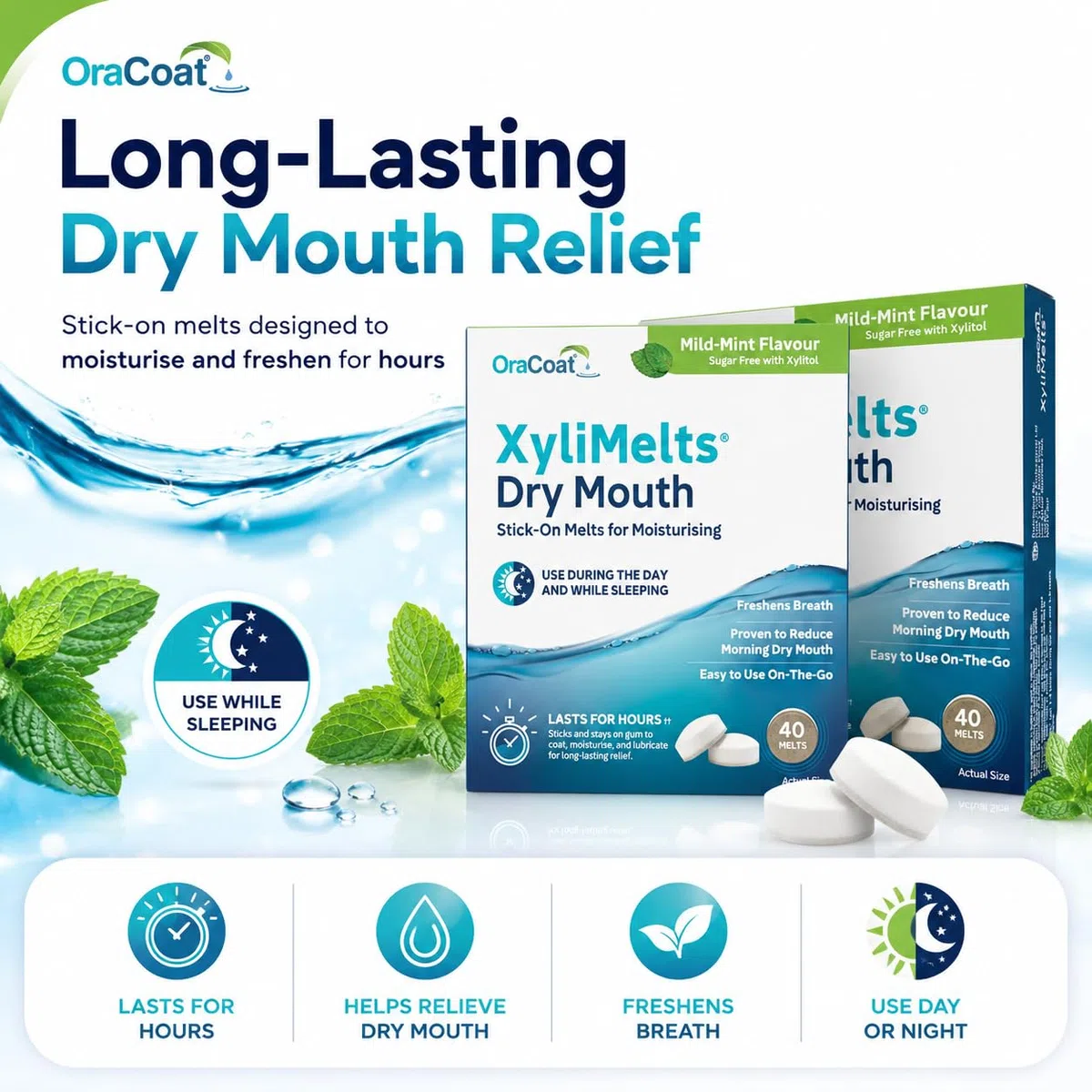 XYLIMELTS Pastilles adhérentes contre Sécheresse Buccale Caries Menthe Douce version d'essai