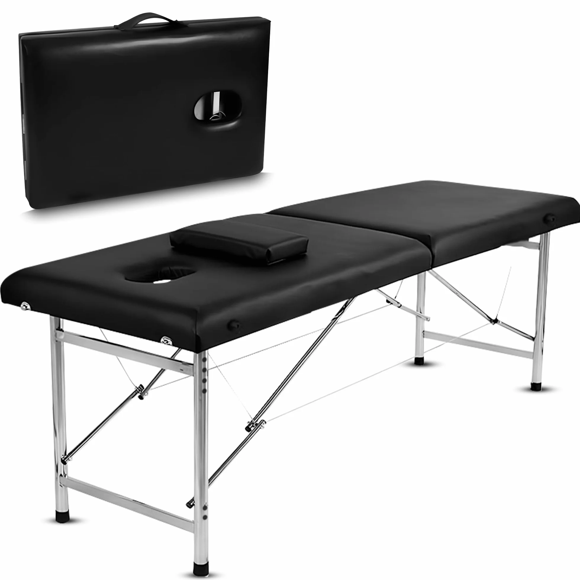 Table de Massage Pliante Professionnelle Maya 2 Zones - Lit Esthétique Léger en Aluminium | Table Pliante Hauteur Réglable 60-80cm | Revêtement Cuir Synthétique avec Poignée, Noir