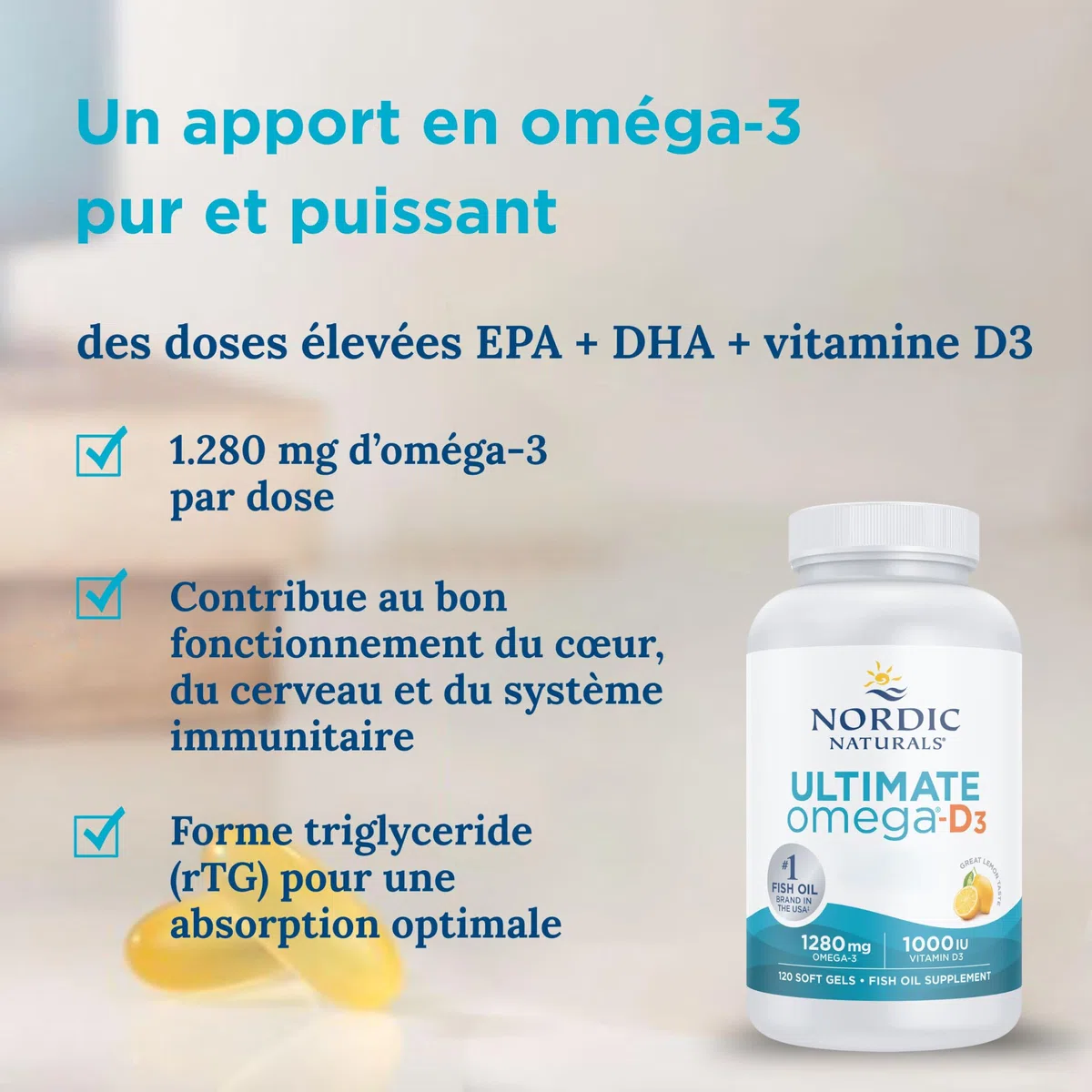 Nordic Naturals Ultimate Omega-D3, complément d’huile de poisson oméga-3 1.280 mg avec EPA, DHA et vitamine D3, forte dose, saveur citron, 120 capsules molles, sans soja, sans gluten