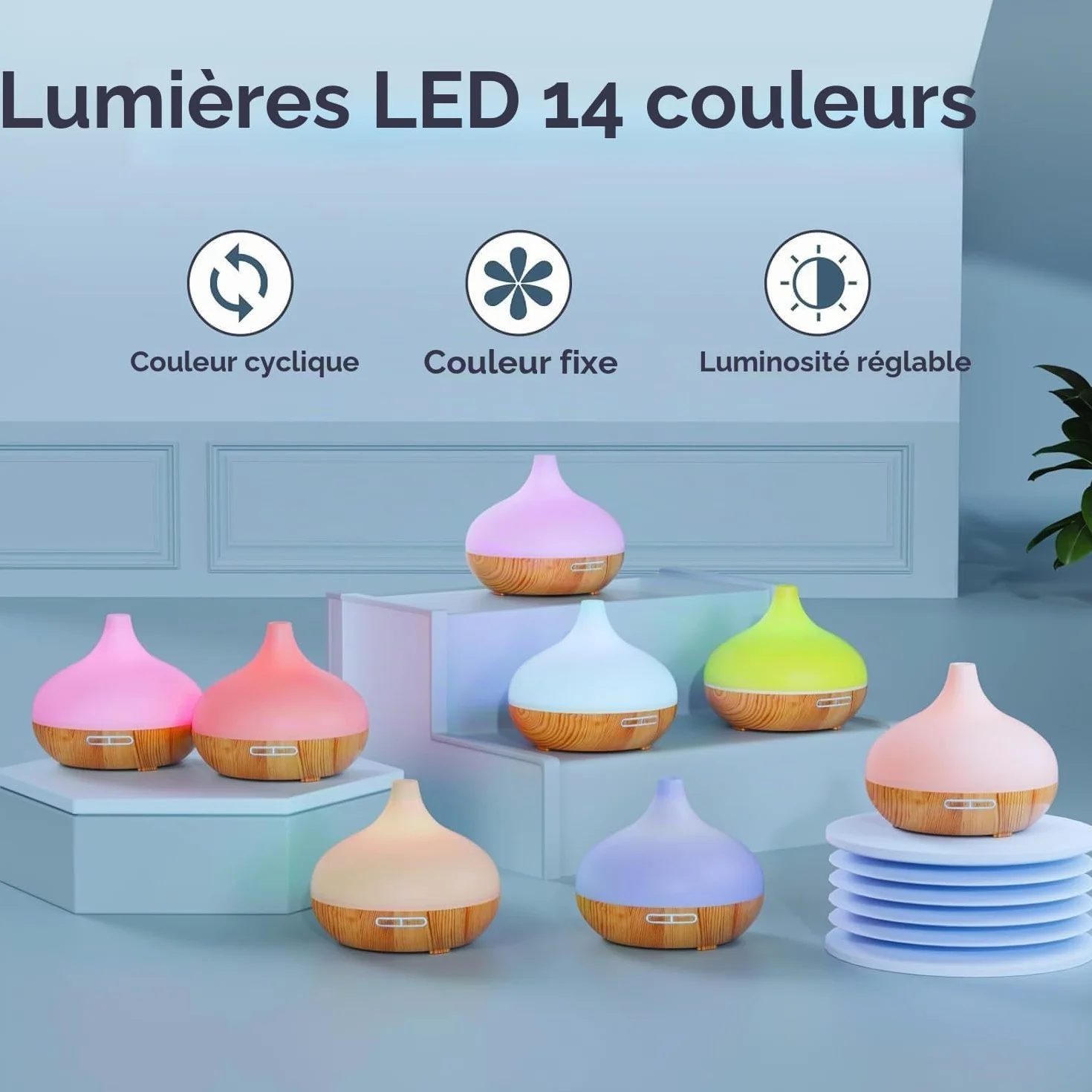 Diffuseur d'Huiles Essentielles 500 ML Télécommande 14 Couleurs LED 4 Réglages de Minuterie