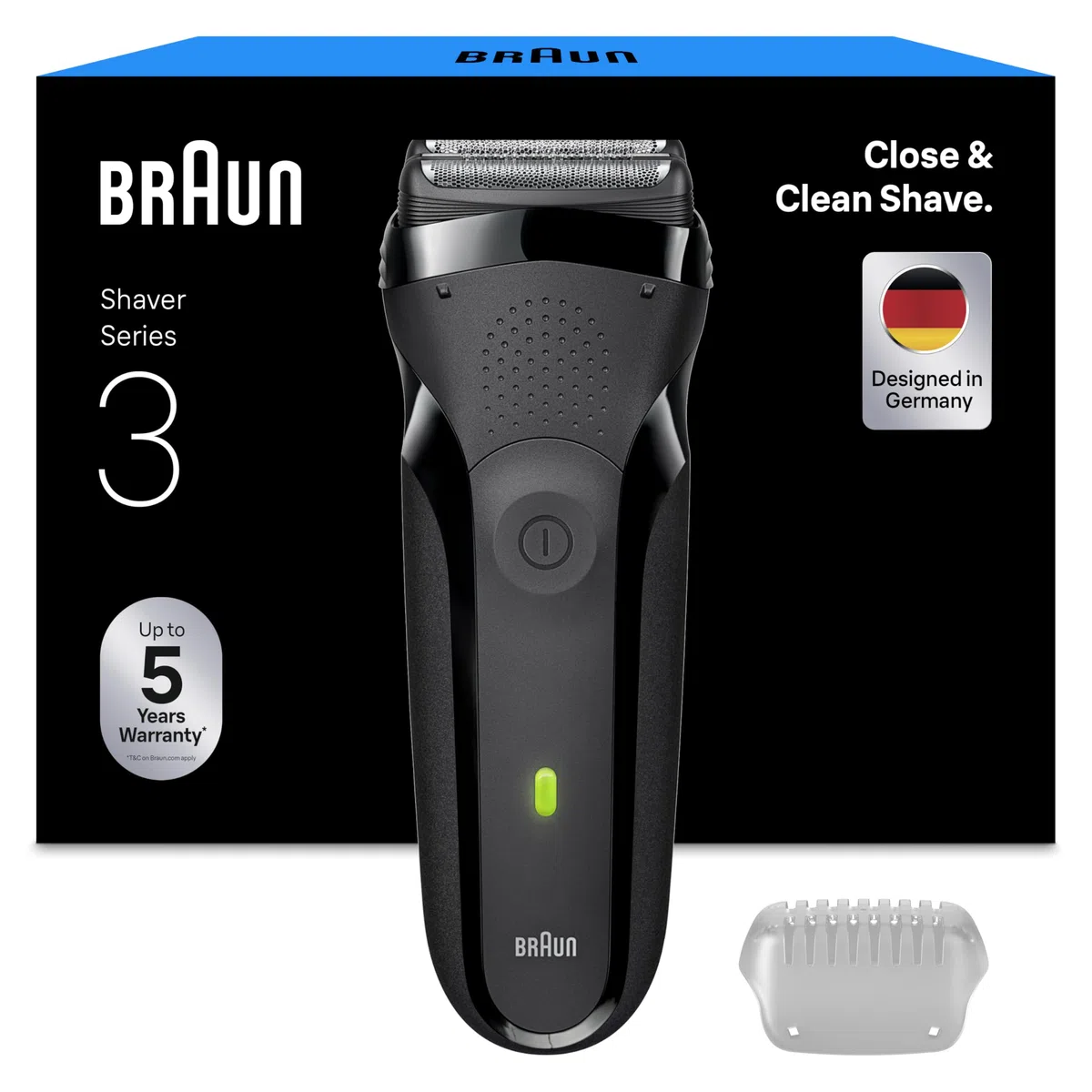 Braun Rasoir Electrique A Barbe Homme Series 3 300S A Grille, Gris, Etanche, Lames Flexibles Pour Bien Raser Le Visage, 5 Sabots, Tondeuse Centrale Et 2 Eléments De Rasage