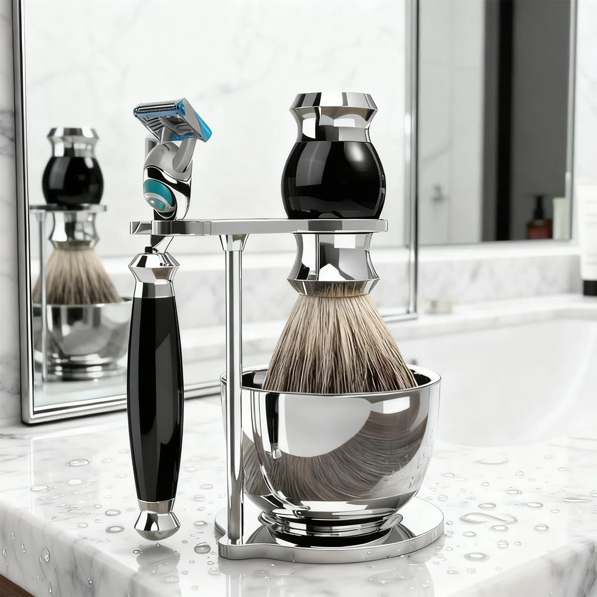Ensemble de rasage GRUTTI, couteau de luxe pour rasoir et support de pinceau avec bol de savon Cadeaux pour les hommes Rasage brosse de blaireau et manche de rasoir compatible avec Fusion 5